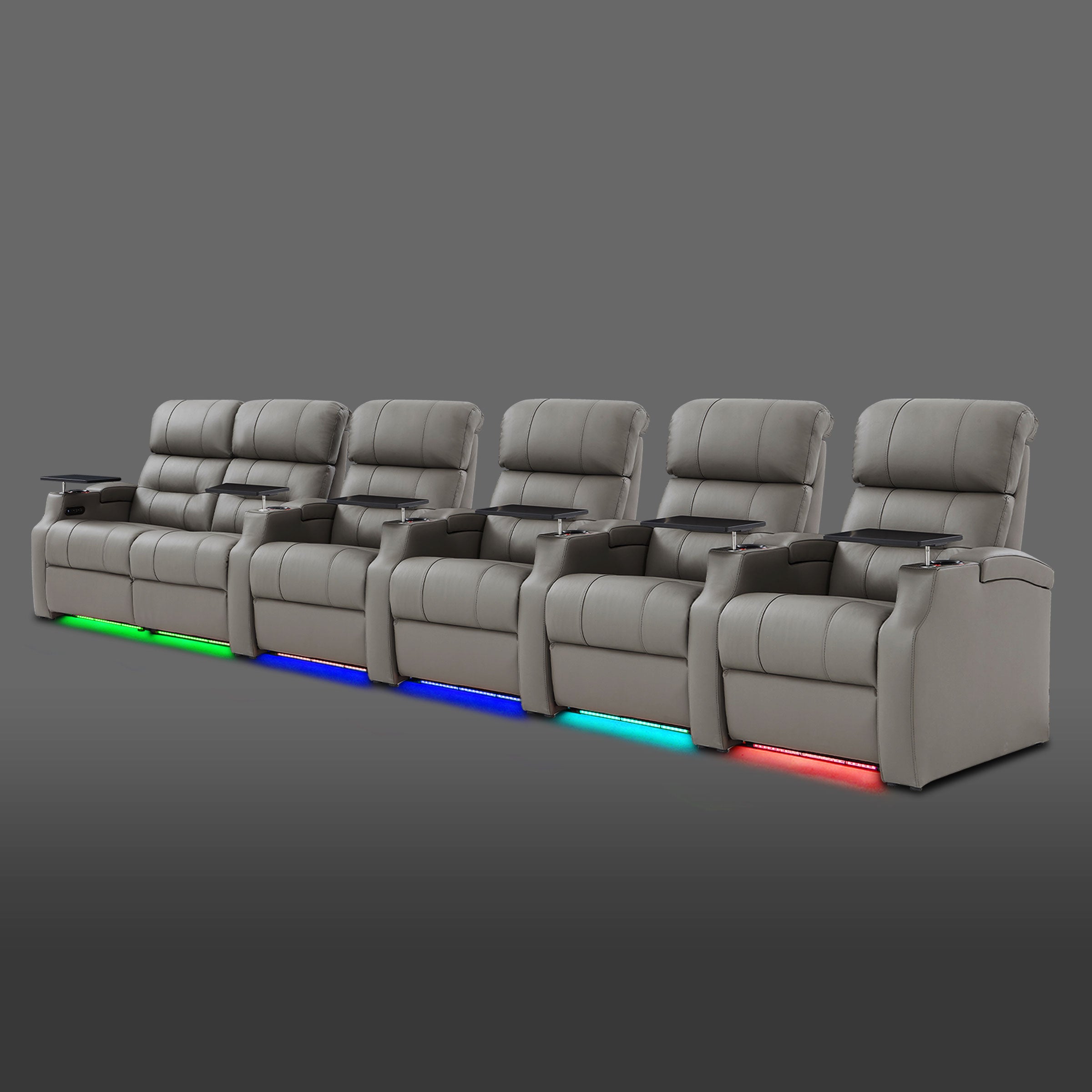 Gray six seat theater recliner arrangement with two seats linked on the left and individual chairs beside