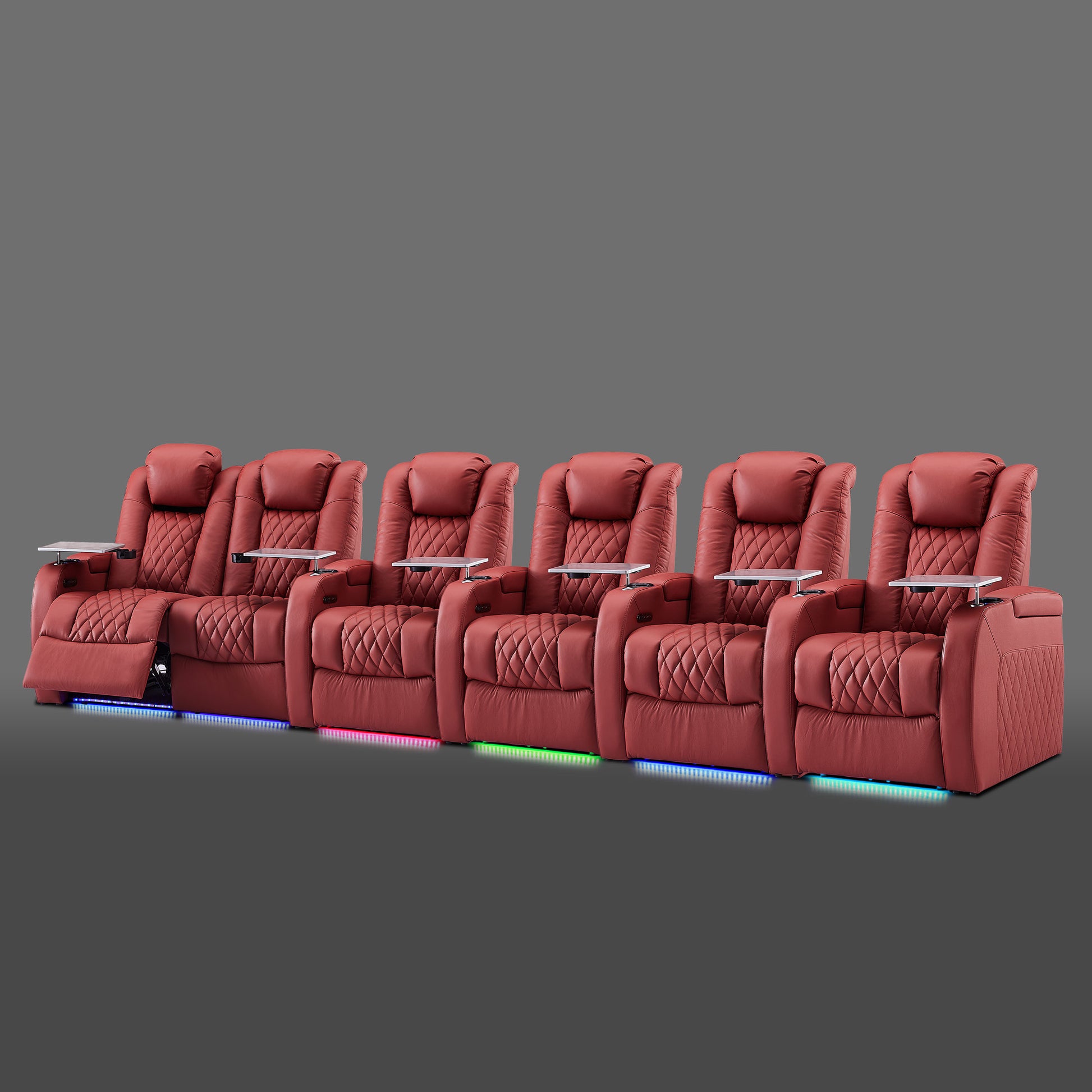Red six chair seating with a paired section positioned on the left