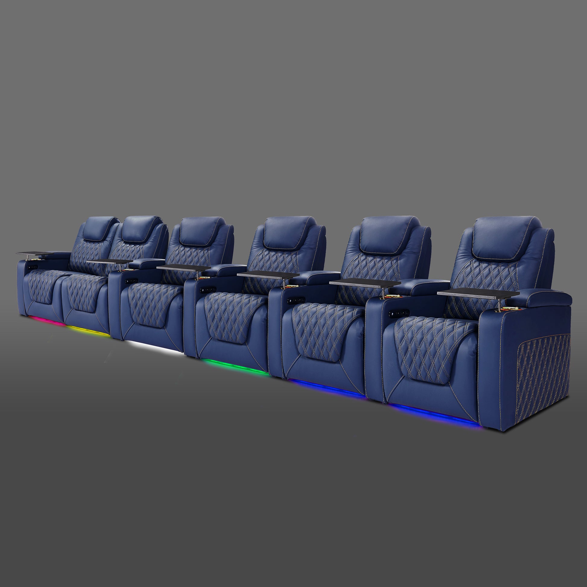 Blue six seat theater seating configuration with dual recliners joined on the left side