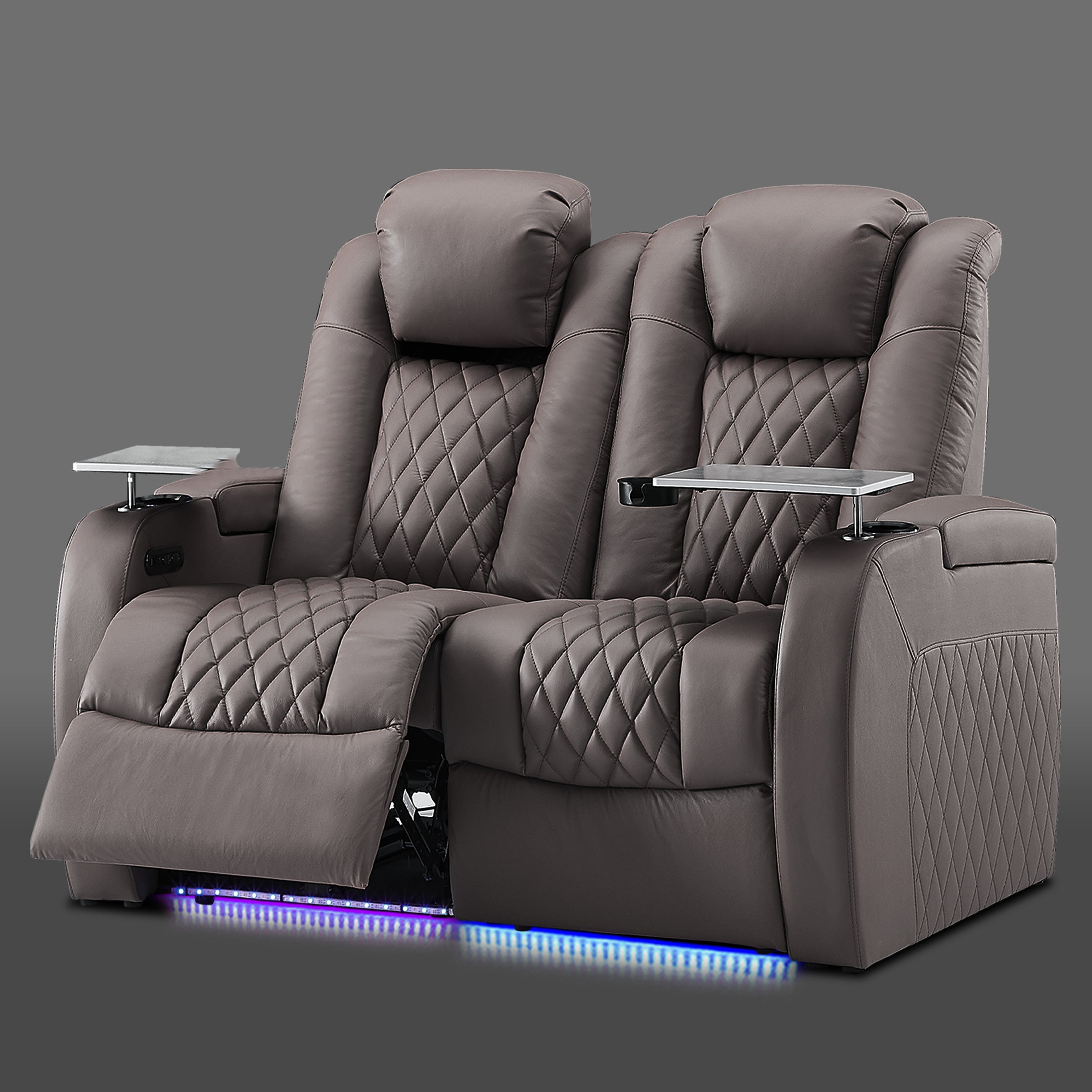 Grey leather loveseat with swivel table