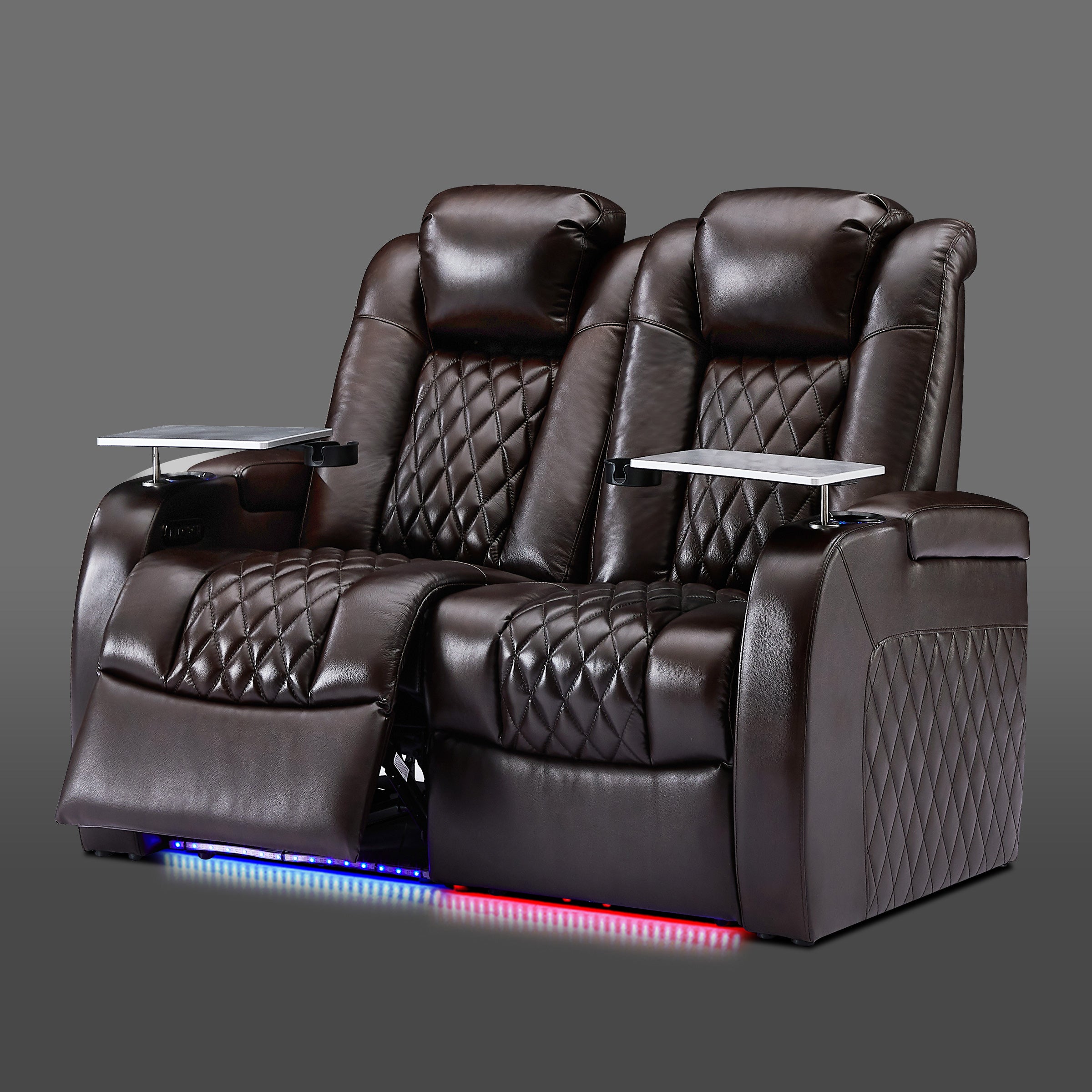 Brown movie loveseat with zero gravity reclining