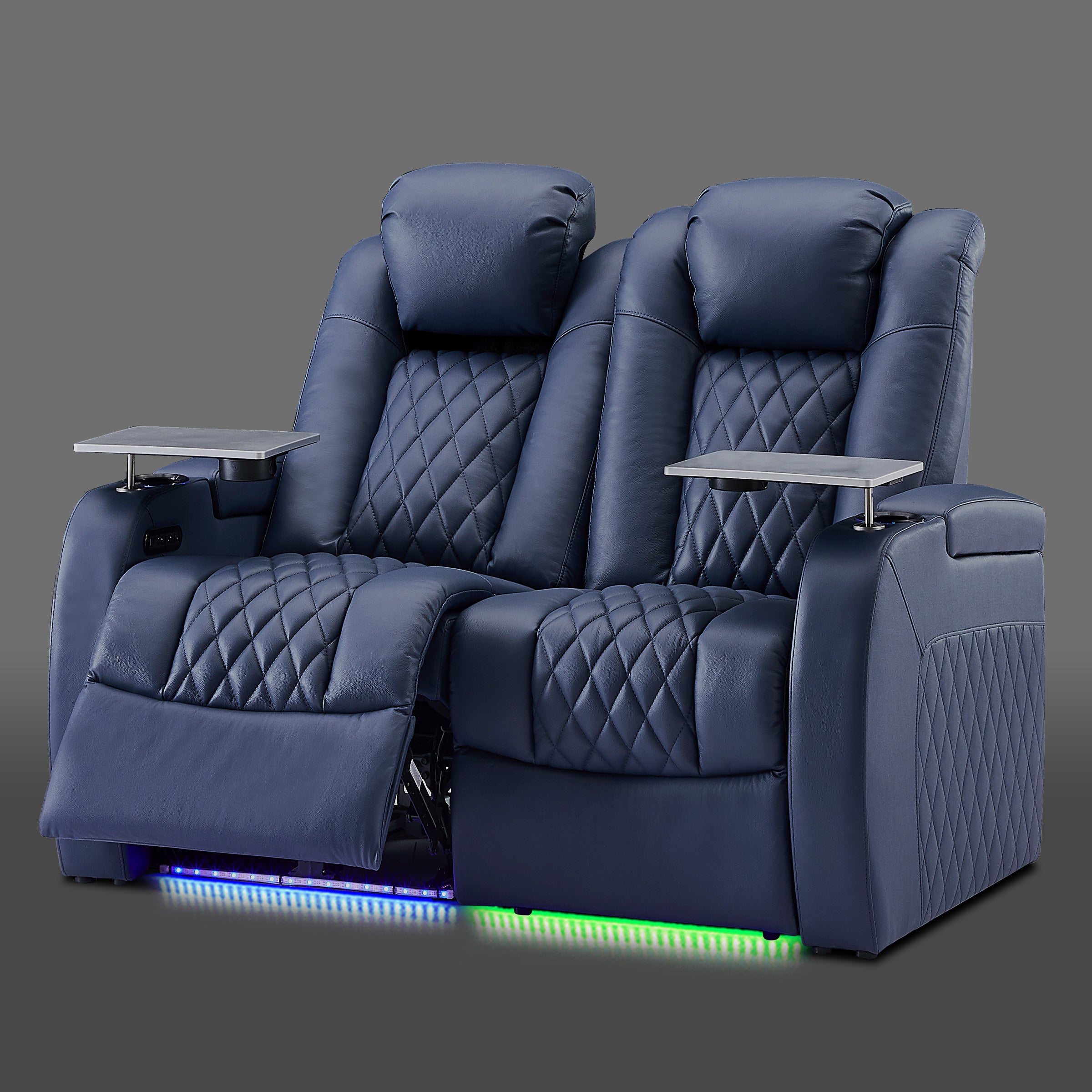 Blue loveseat with adjustable headrest
