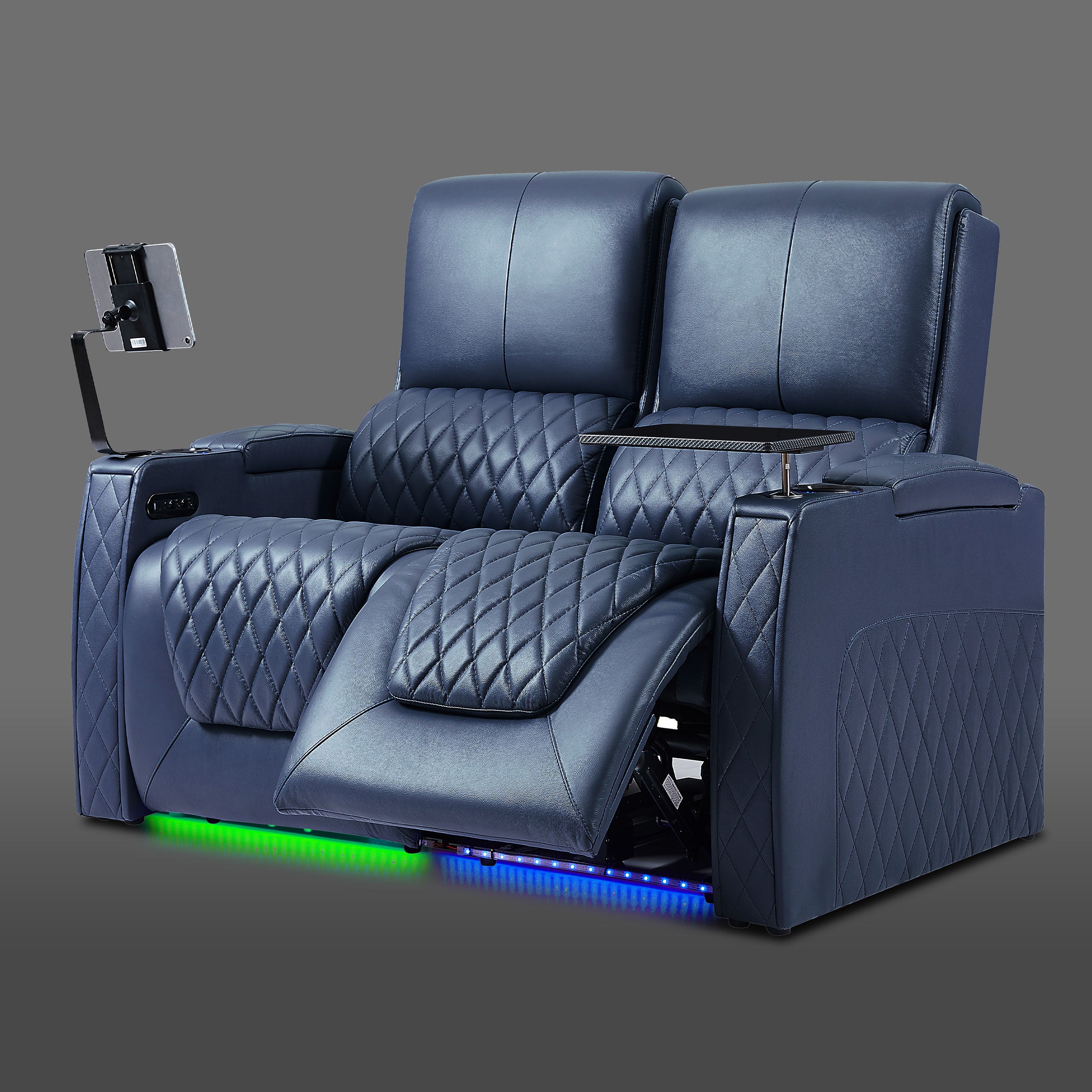 Blue electric loveseat recliner with ambient lighting