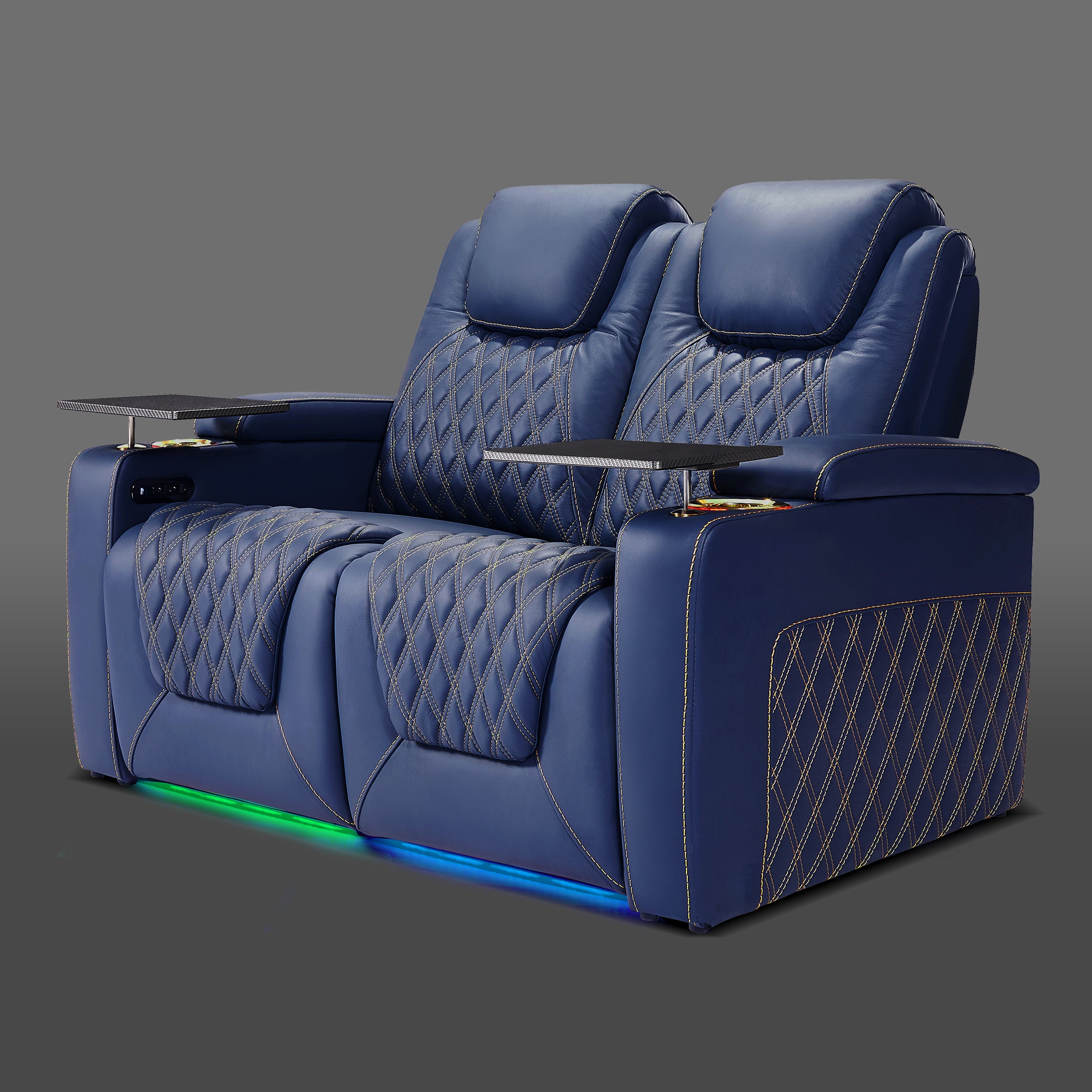 Blue electric reclining loveseat with ambient lighting