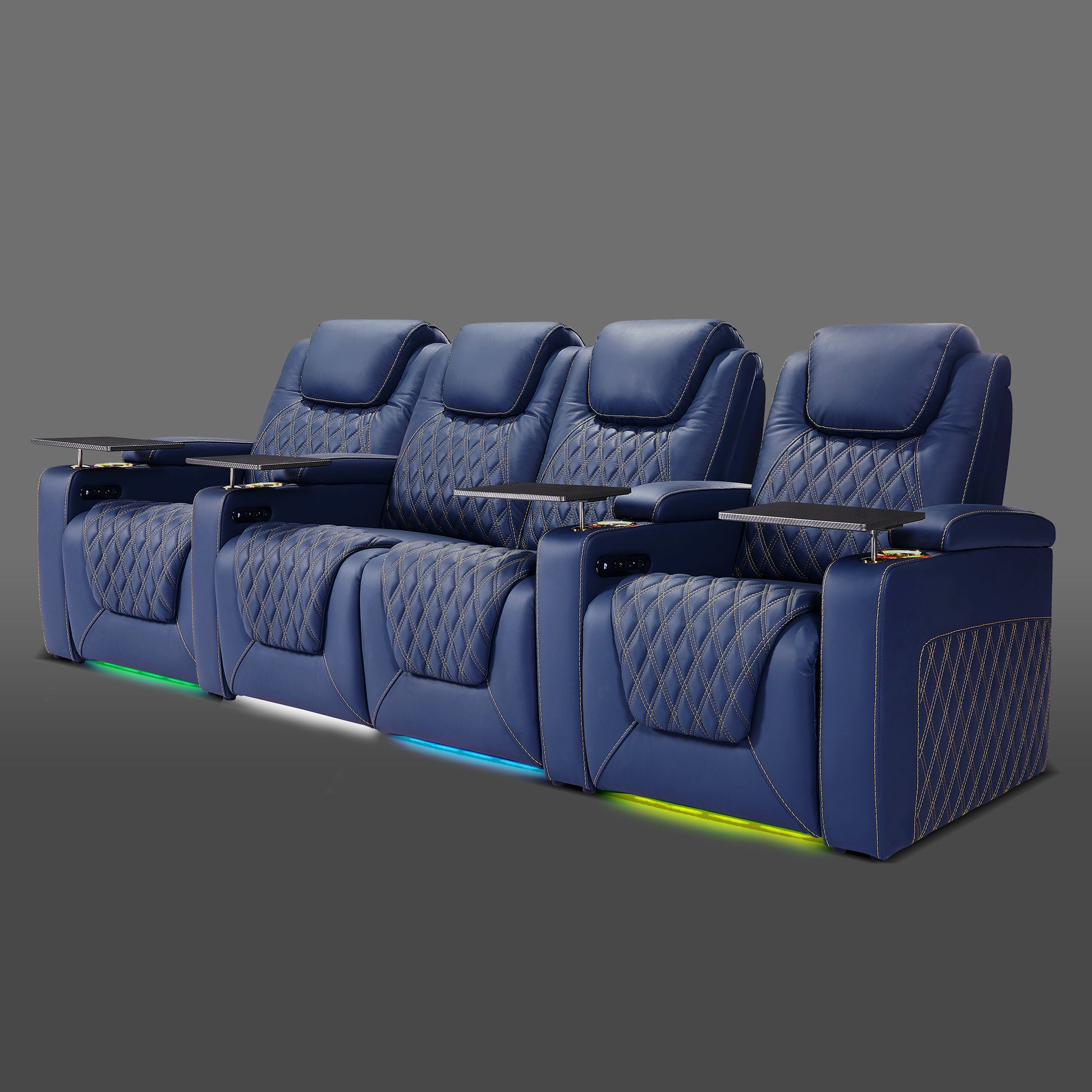 Blue four chair arrangement where the two middle chairs are linked and the outer chairs remain separate