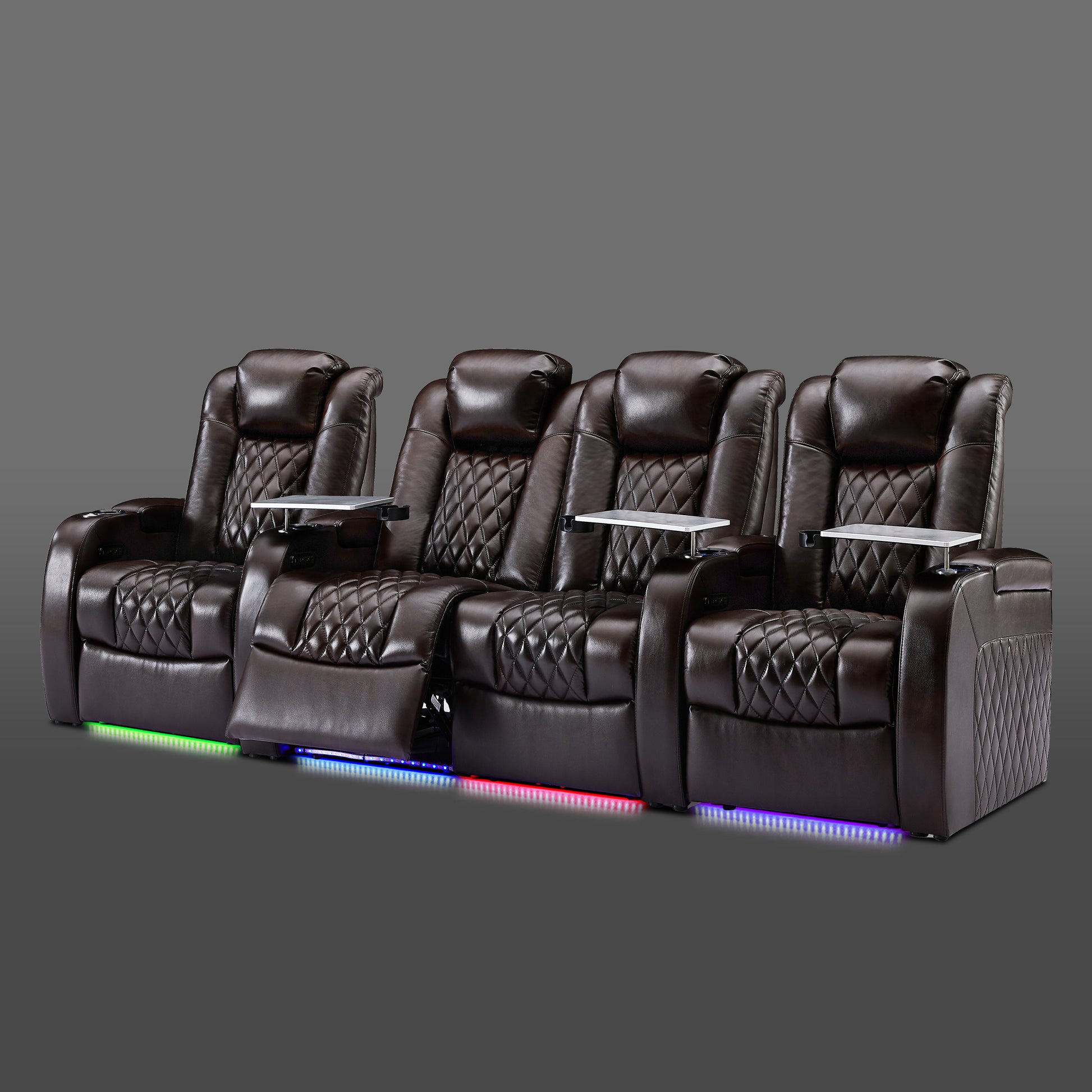 Brown four chair setup with the center pair grouped together and single chairs on both ends