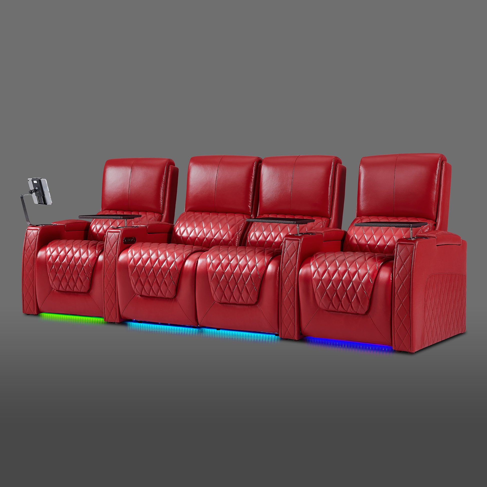 Axys series red 4-seat cinema sofa designed with a middle double recliner and single reclining chairs on each side