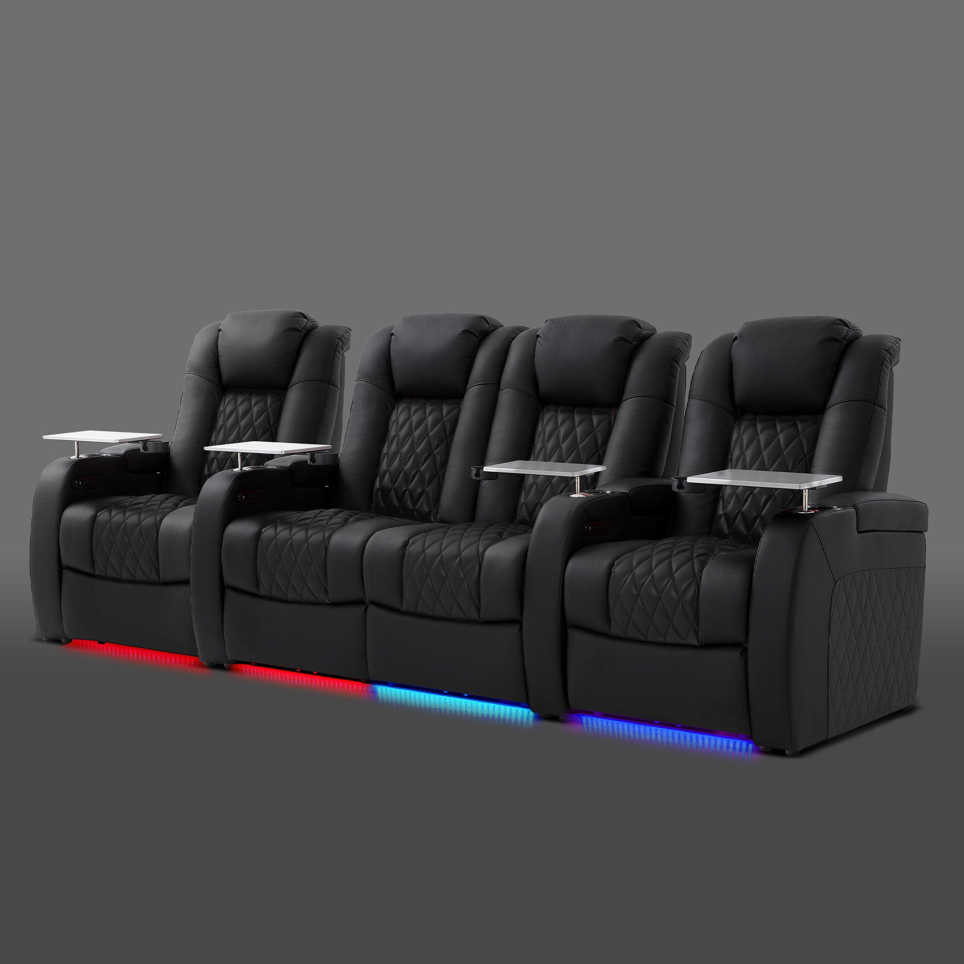 Black four seat layout with the two center chairs connected and separate chairs on both sides