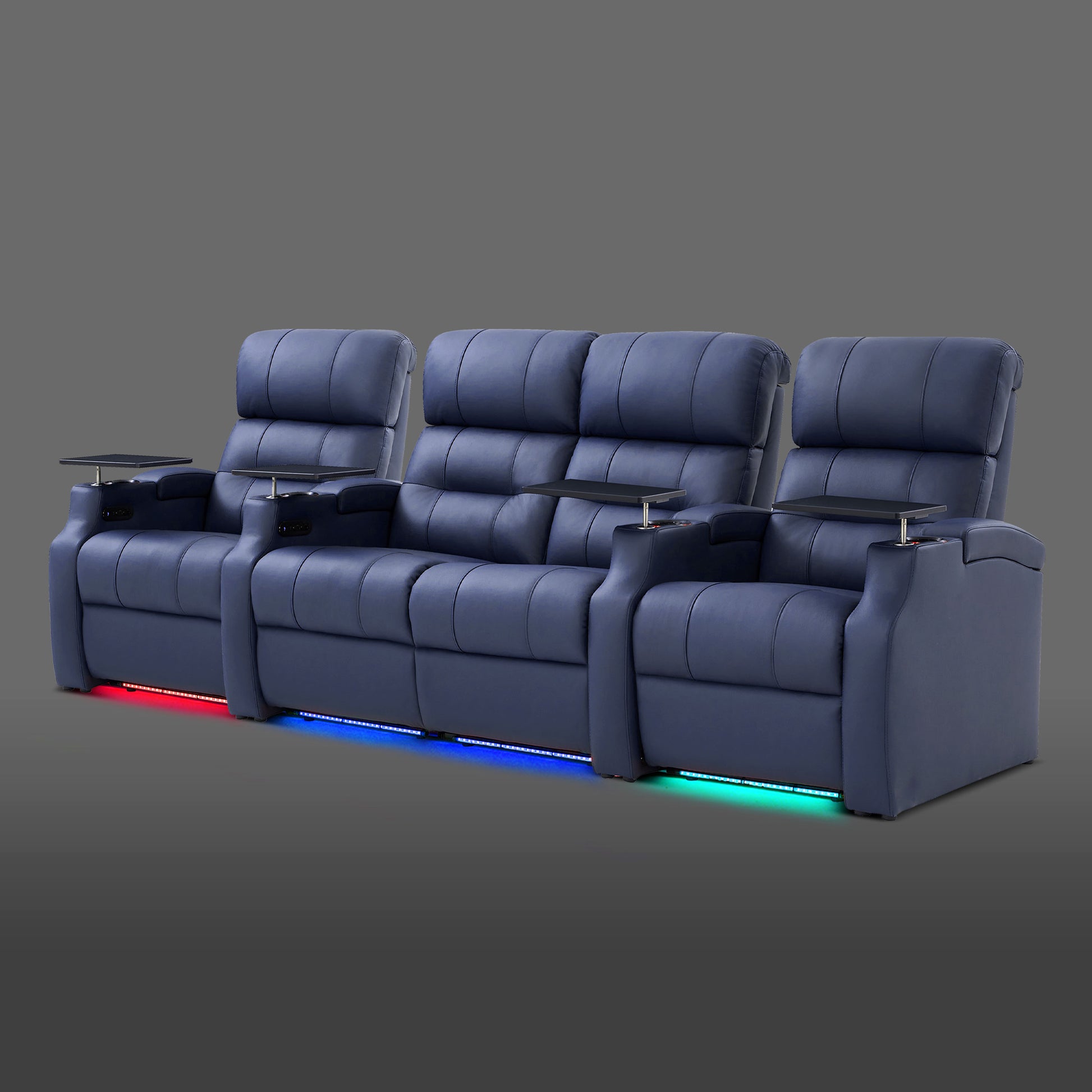 Edgex Series blue 4-seat theater sofa featuring a middle dual recliner and single chairs at each end