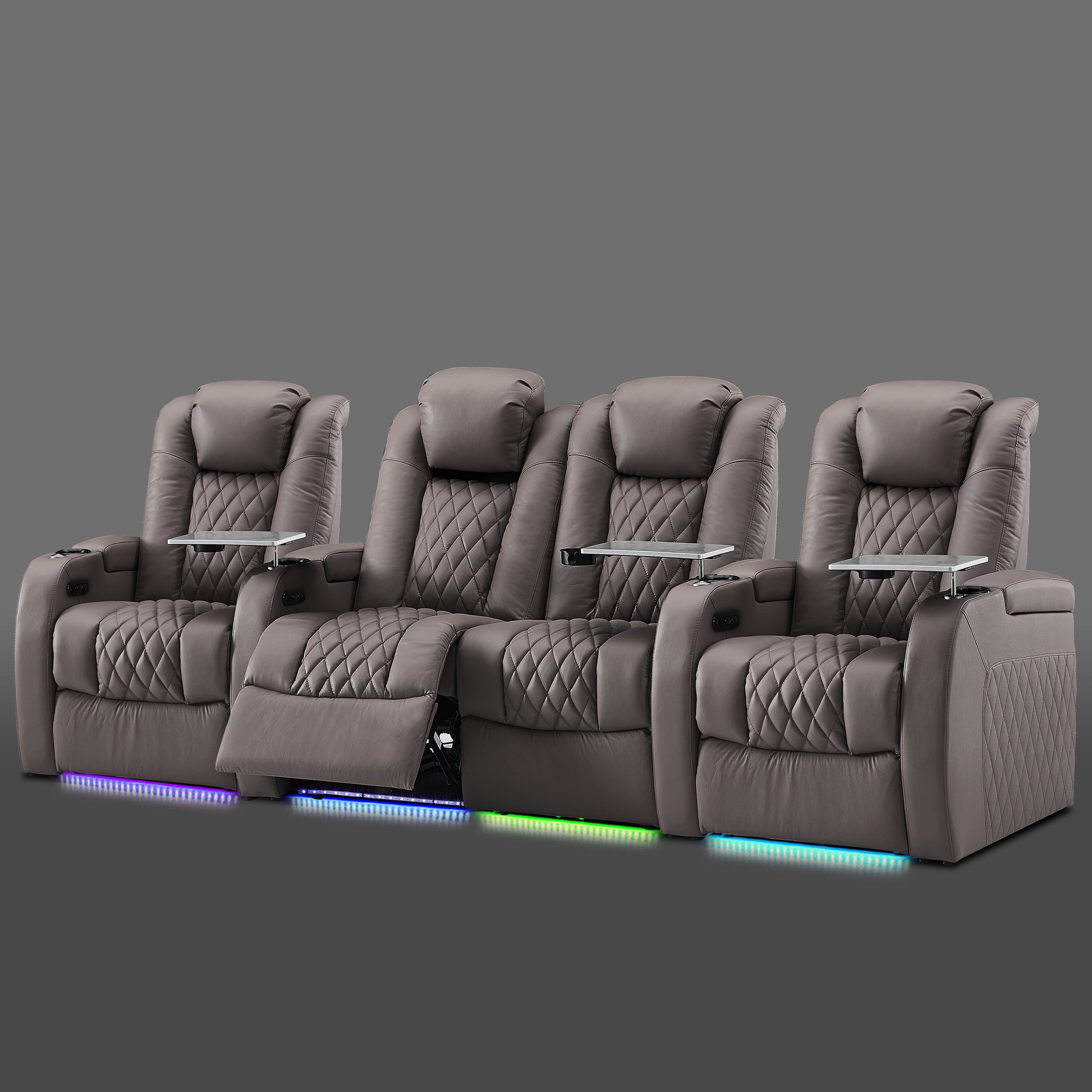 Gray four chair row where the two middle seats are joined and the outer seats are separate