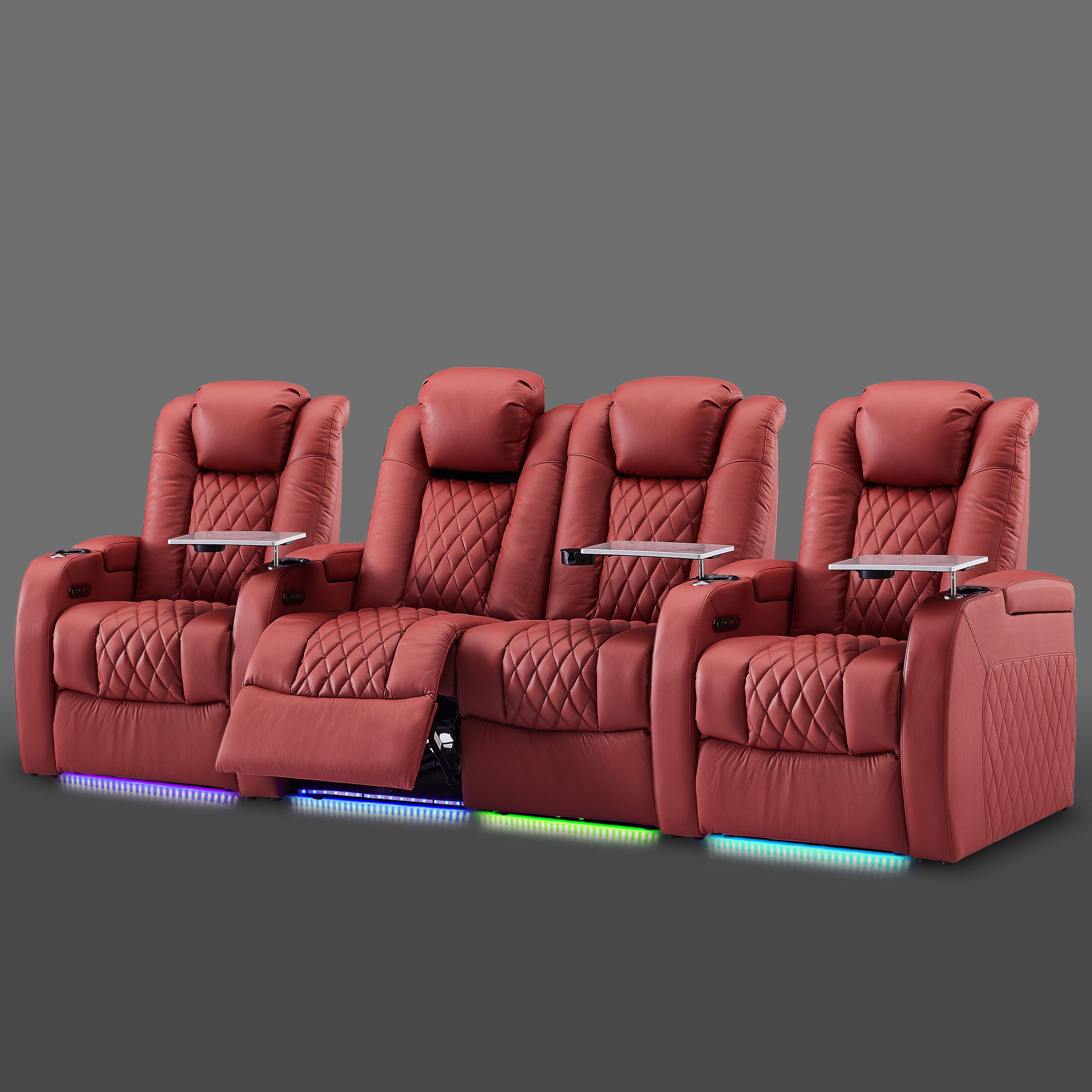 Red four chair seating featuring a paired middle section and single chairs on each side