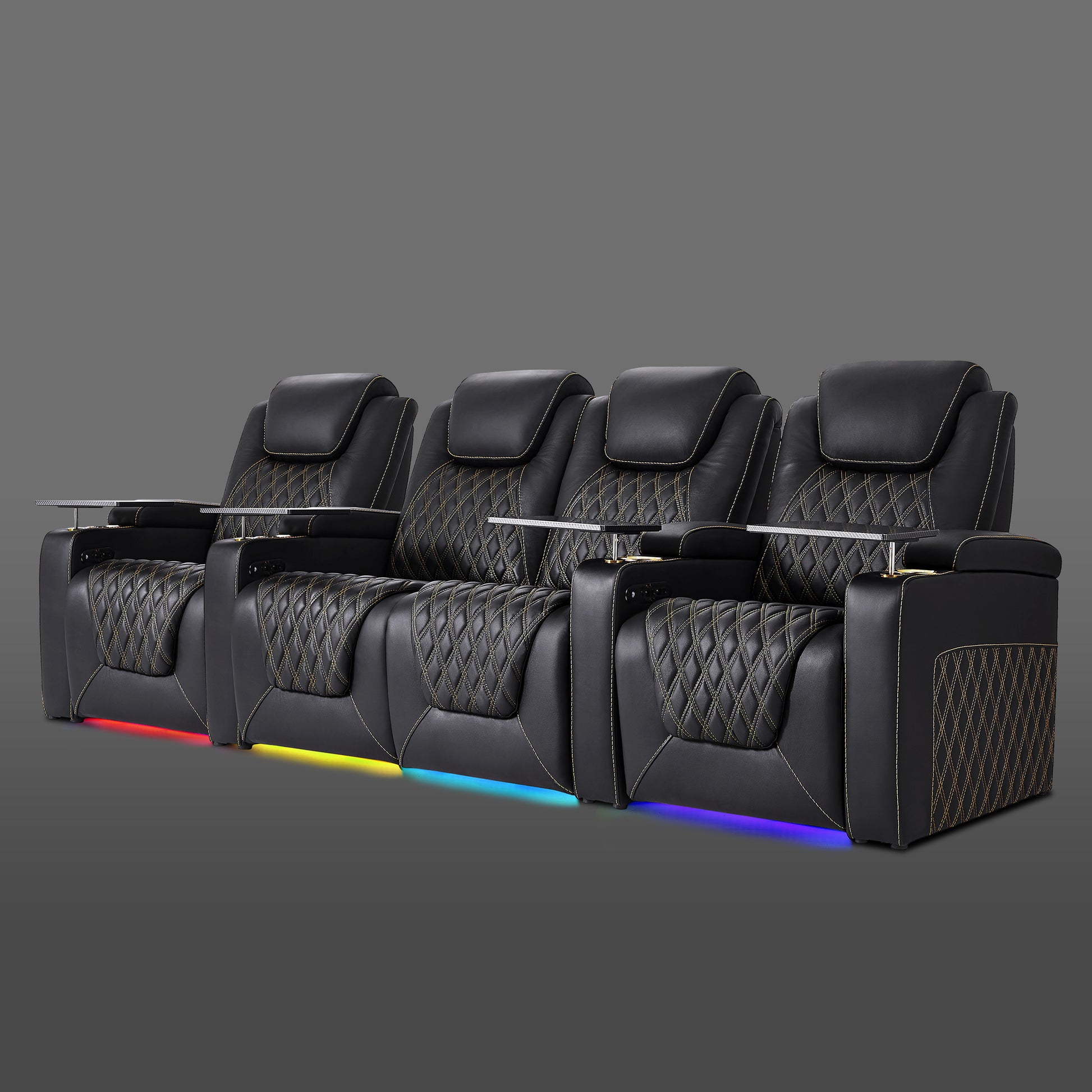 Black four chair row featuring a connected pair in the center with single chairs on both sides