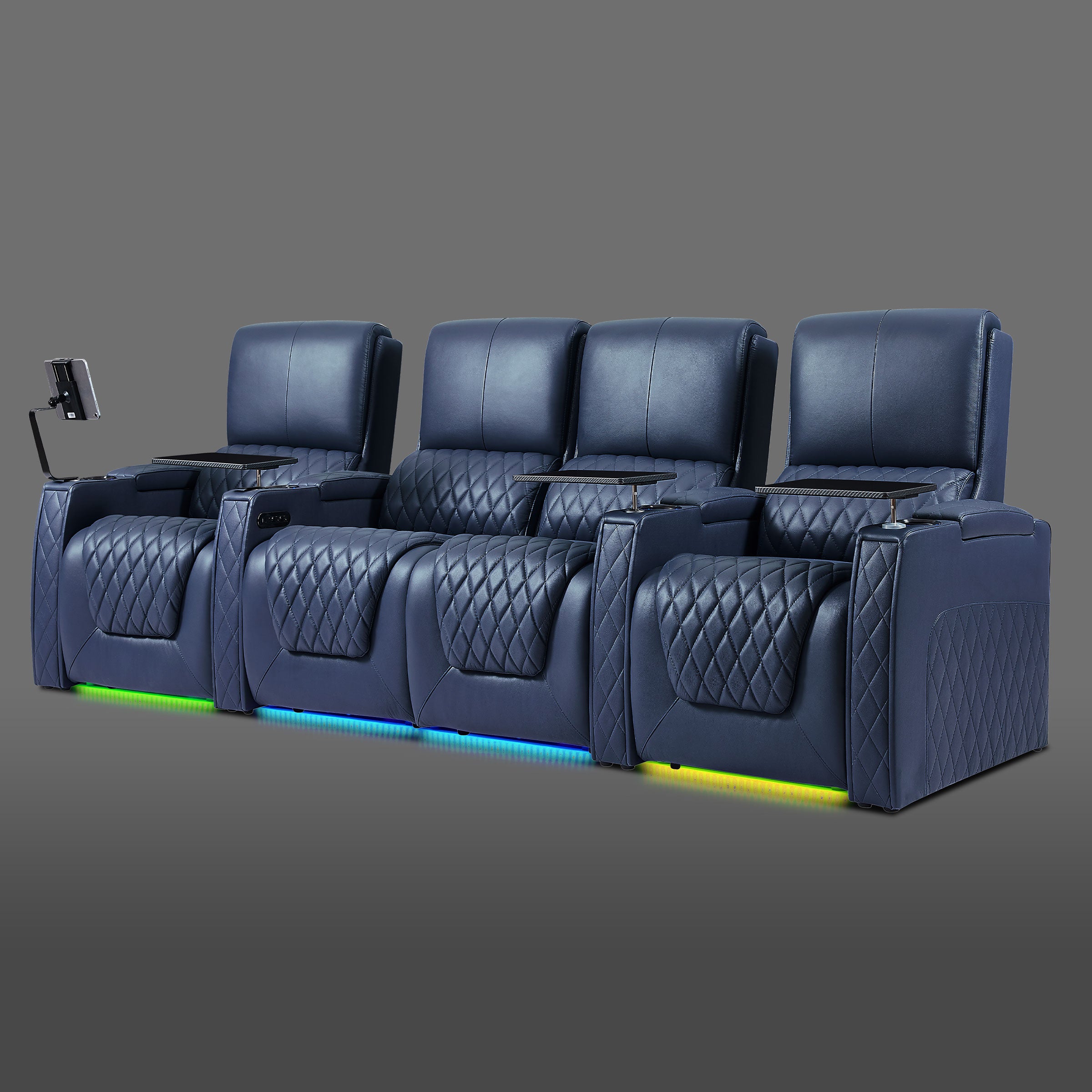 Axys series blue 4-seat theater seating featuring a central two-seat section with single recliners on both ends