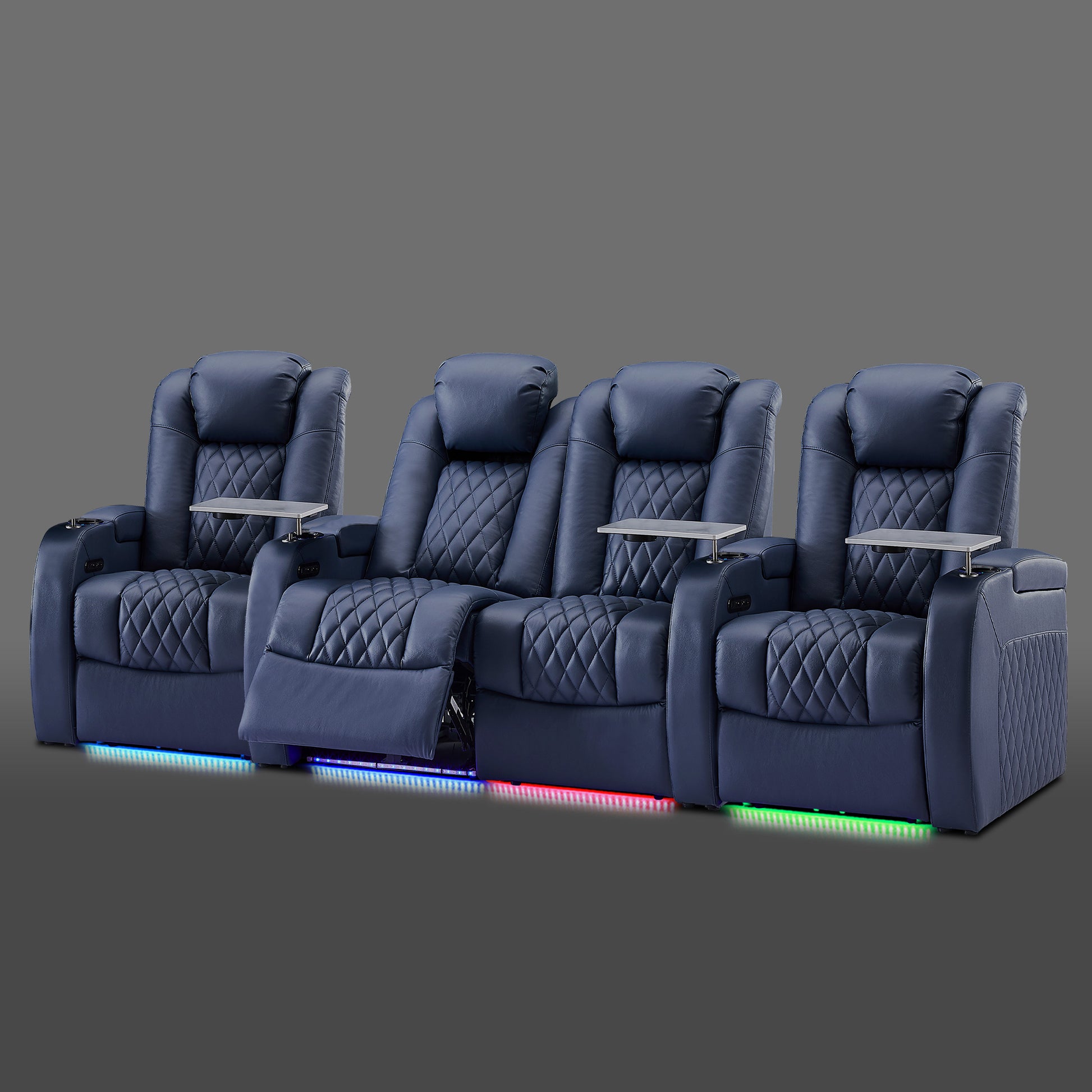 Blue four chair arrangement where the two center chairs are paired and the outer chairs stand alone