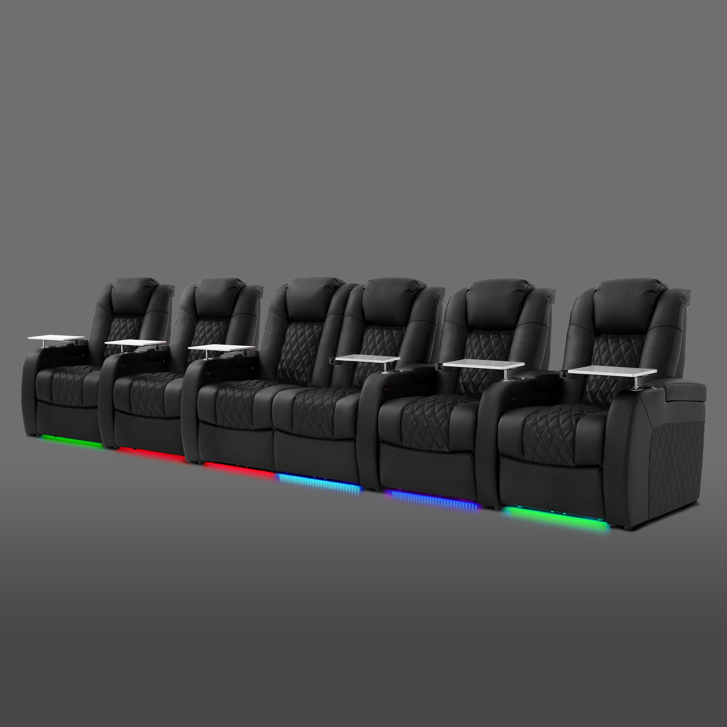 Black six chair row featuring a connected pair positioned in the center