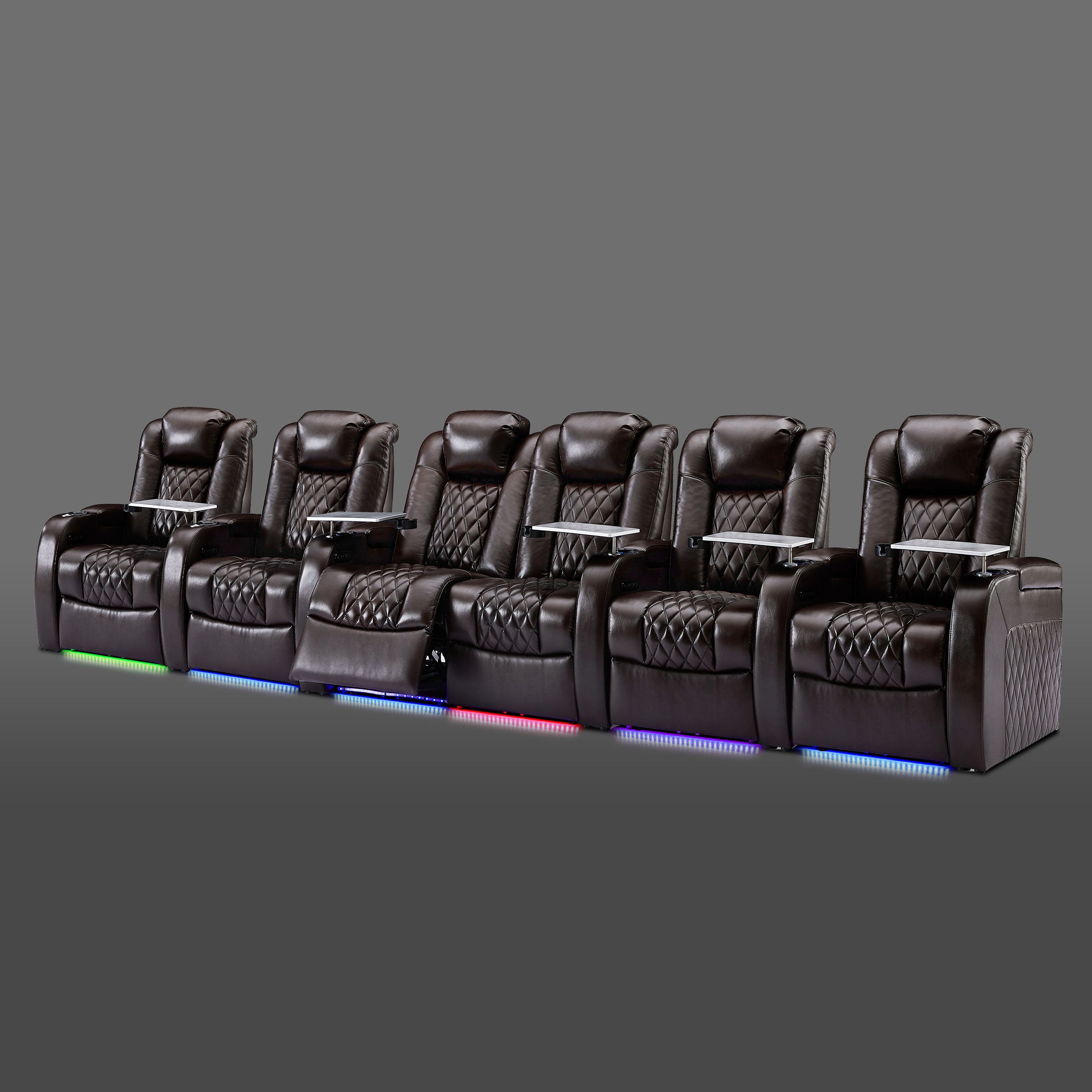 Brown six chair seating with a joined section placed between individual chairs