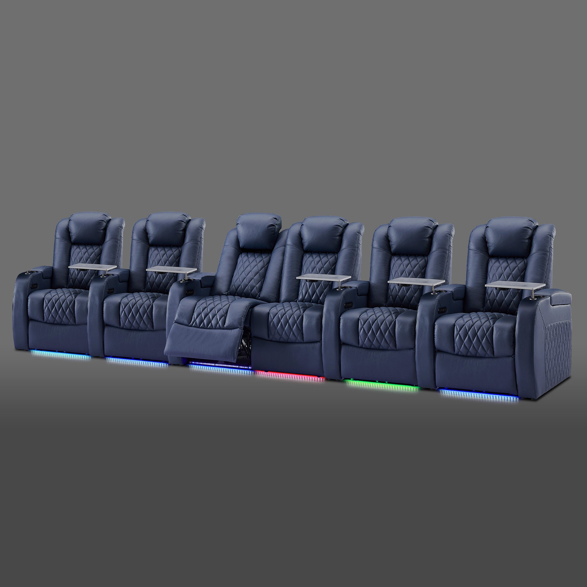 Blue six chair setup with two center chairs joined together