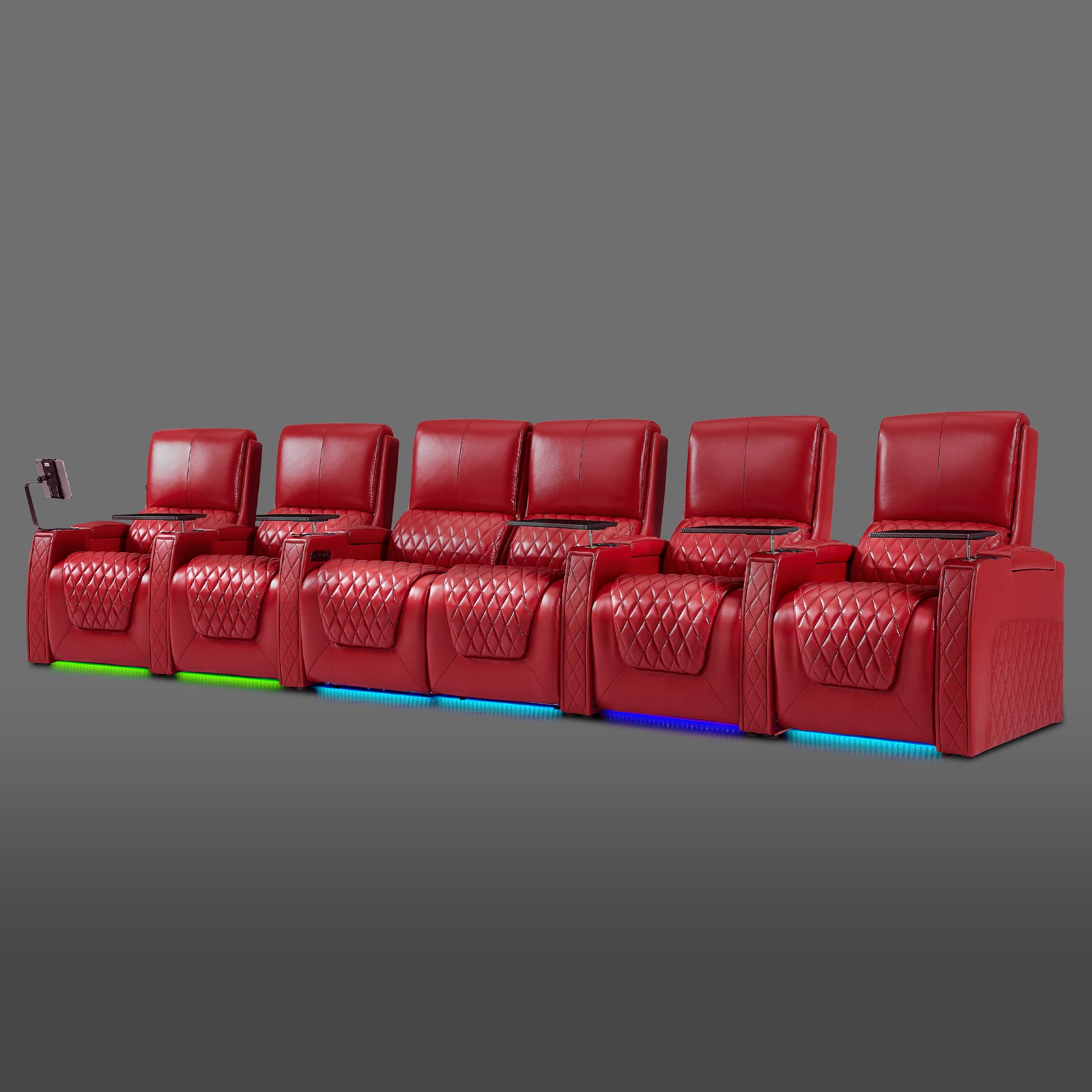 Red 6 seat theater sofa layout featuring a connected center pair and single side recliners
