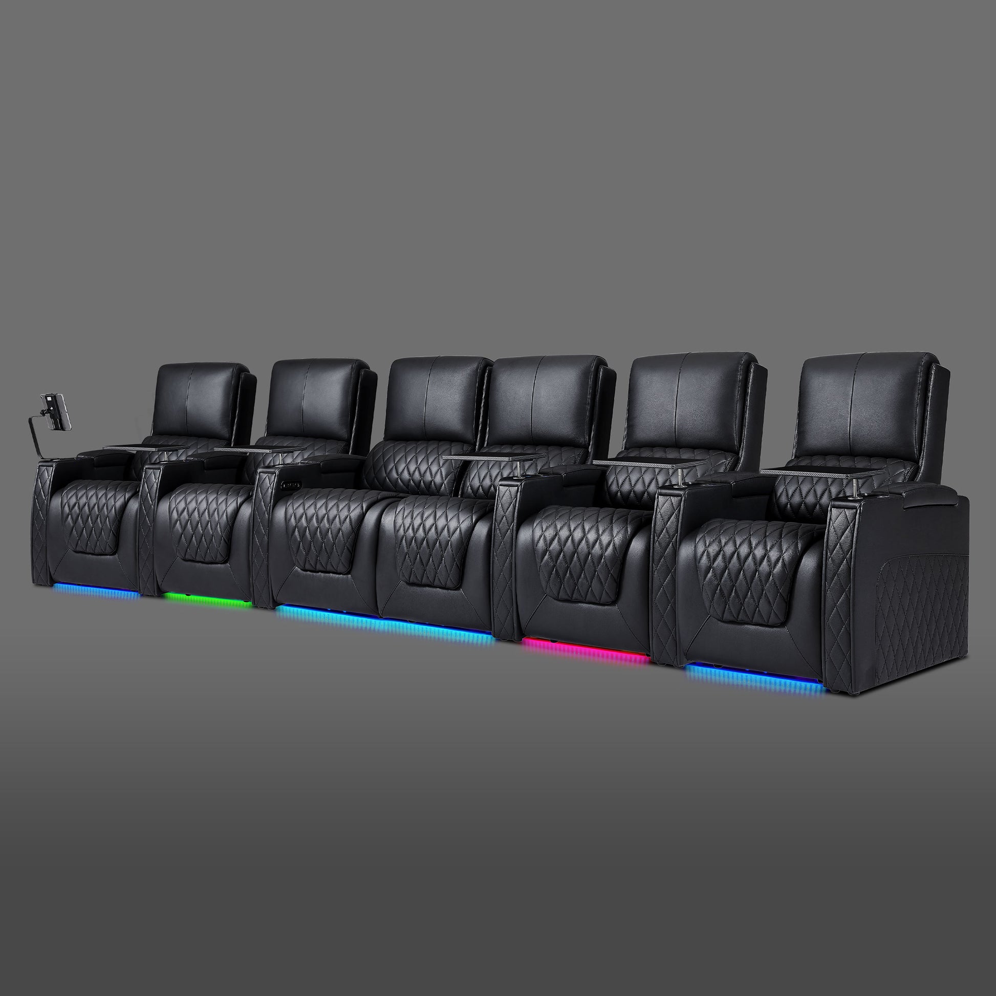 Black 6 person home theater sofa featuring a split center pair with individual end seats