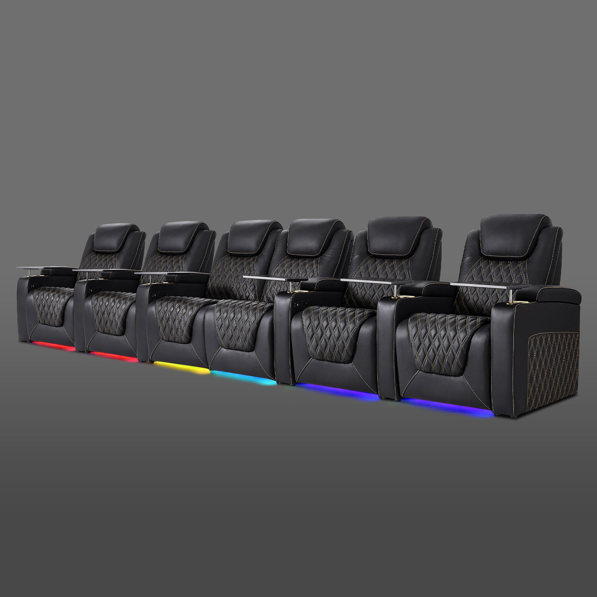 Black six seat theater recliner layout with center two seats connected and outer seats separate