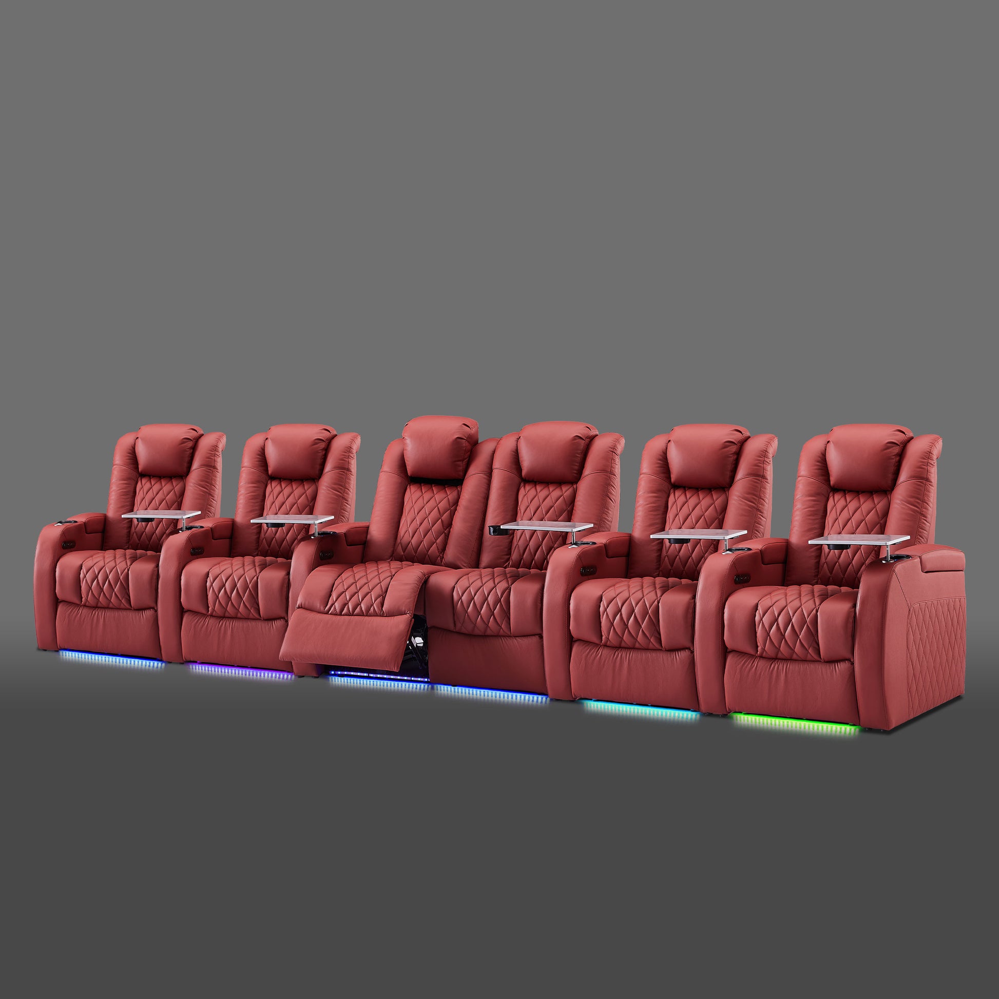 Red six chair seating featuring a paired section in the middle