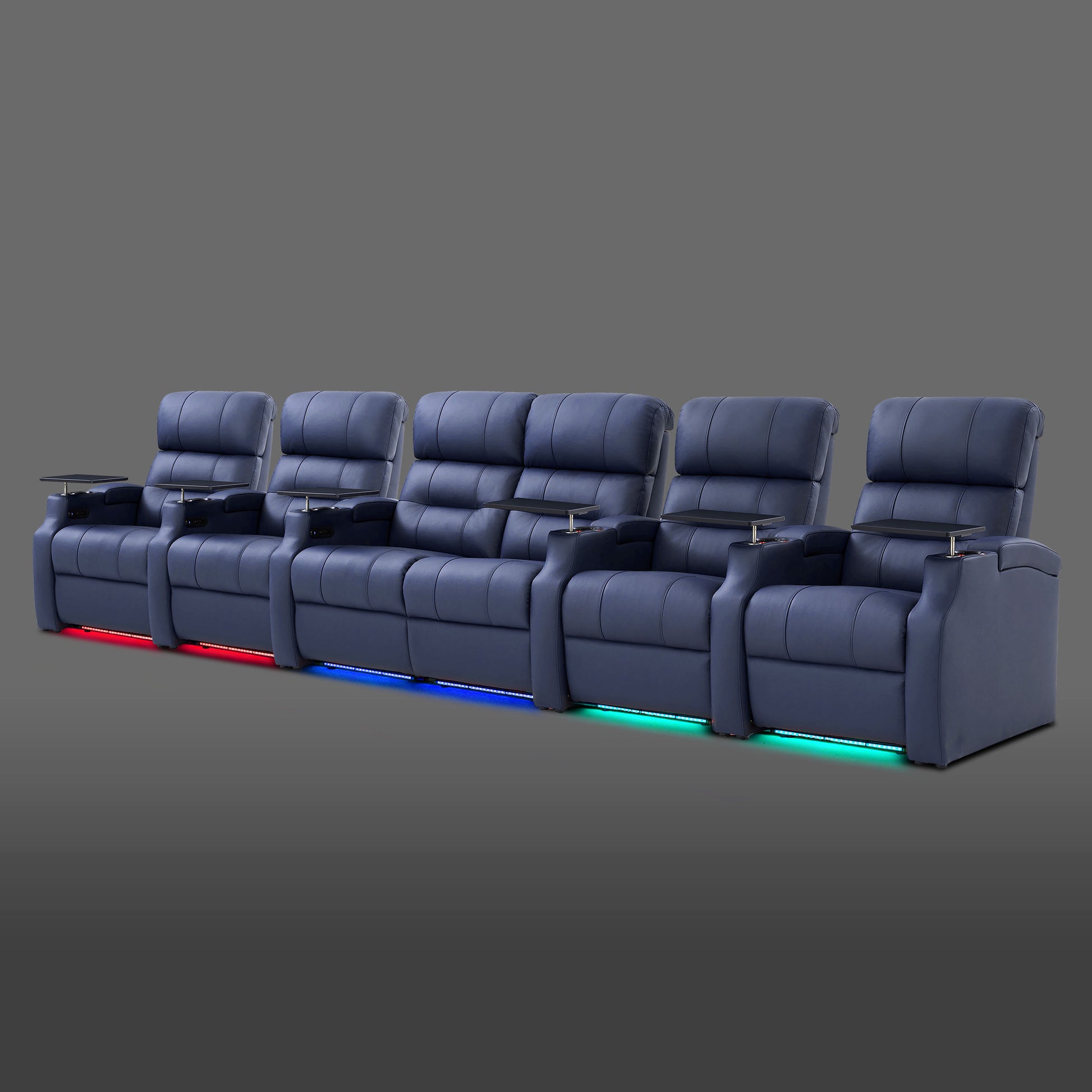 Blue 6 seat home theater setup with the center recliners positioned side by side and separate end seats