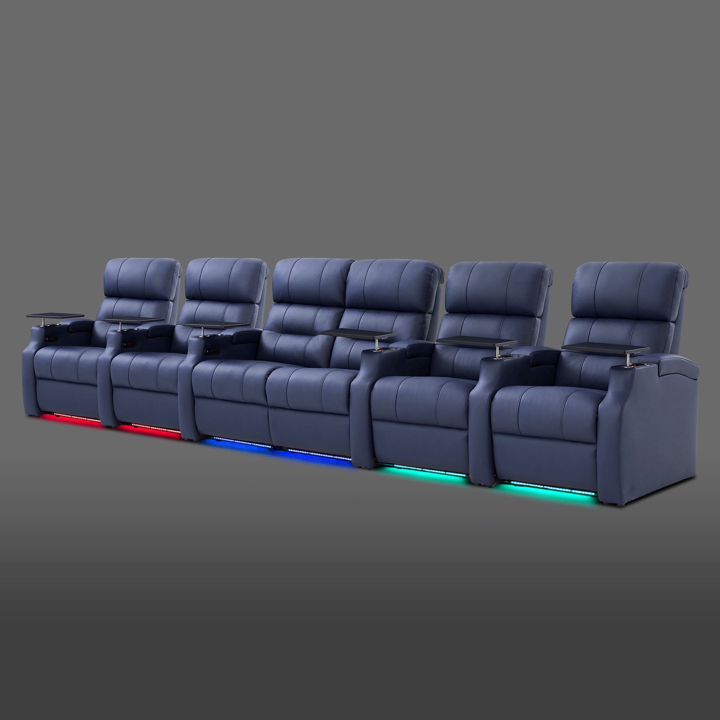 Blue 6 seat home theater setup with the center recliners positioned side by side and separate end seats
