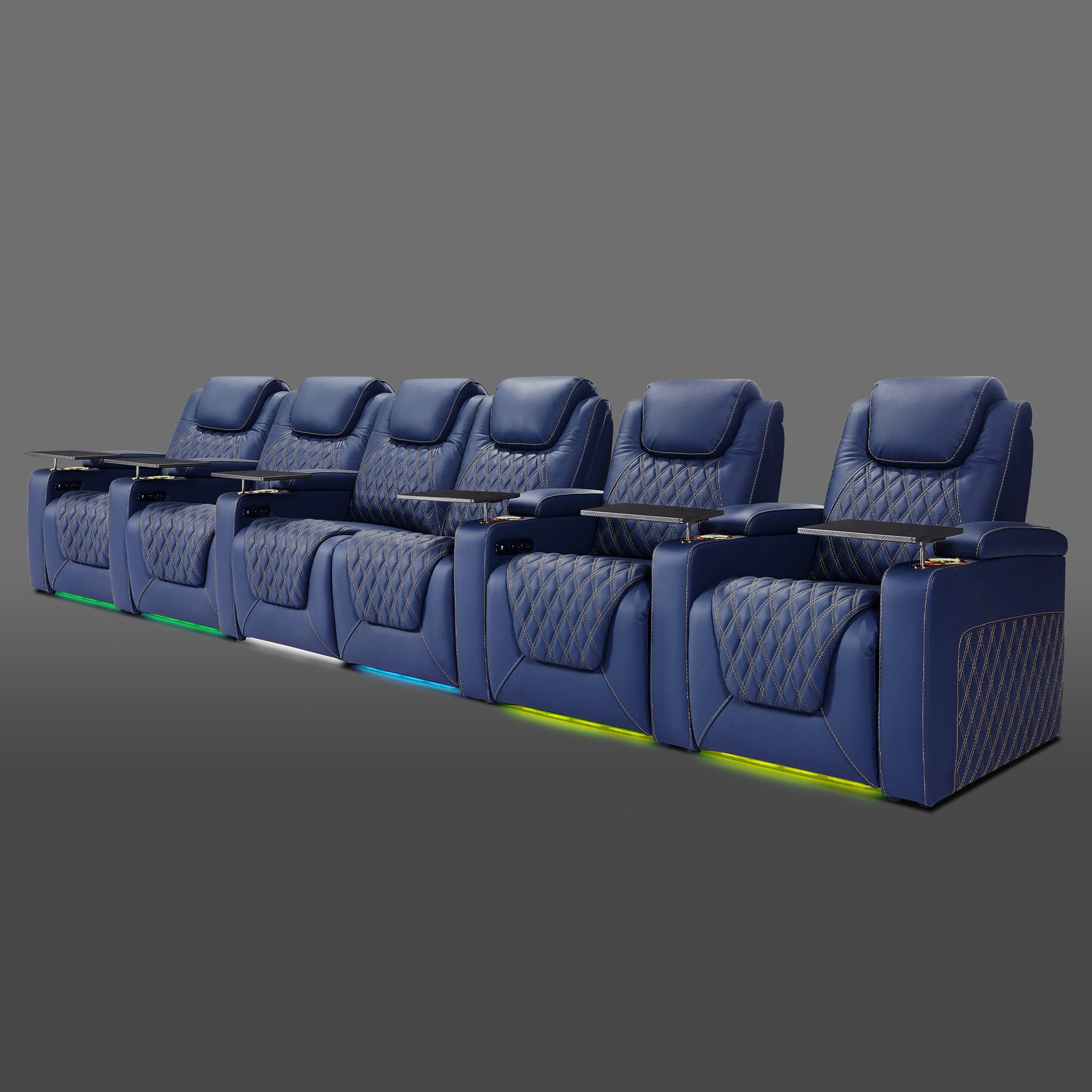 Blue 6 seat home cinema chairs featuring connected middle seats and separate end recliners
