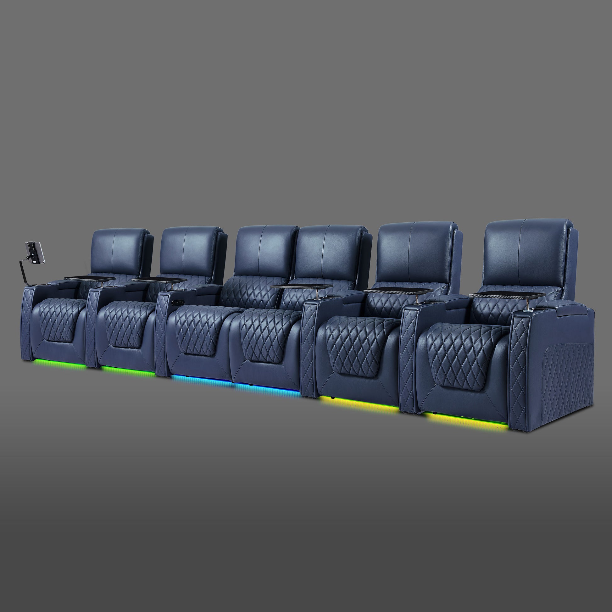 Blue 6 seat power theater seating with two center chairs paired and outer seats independent