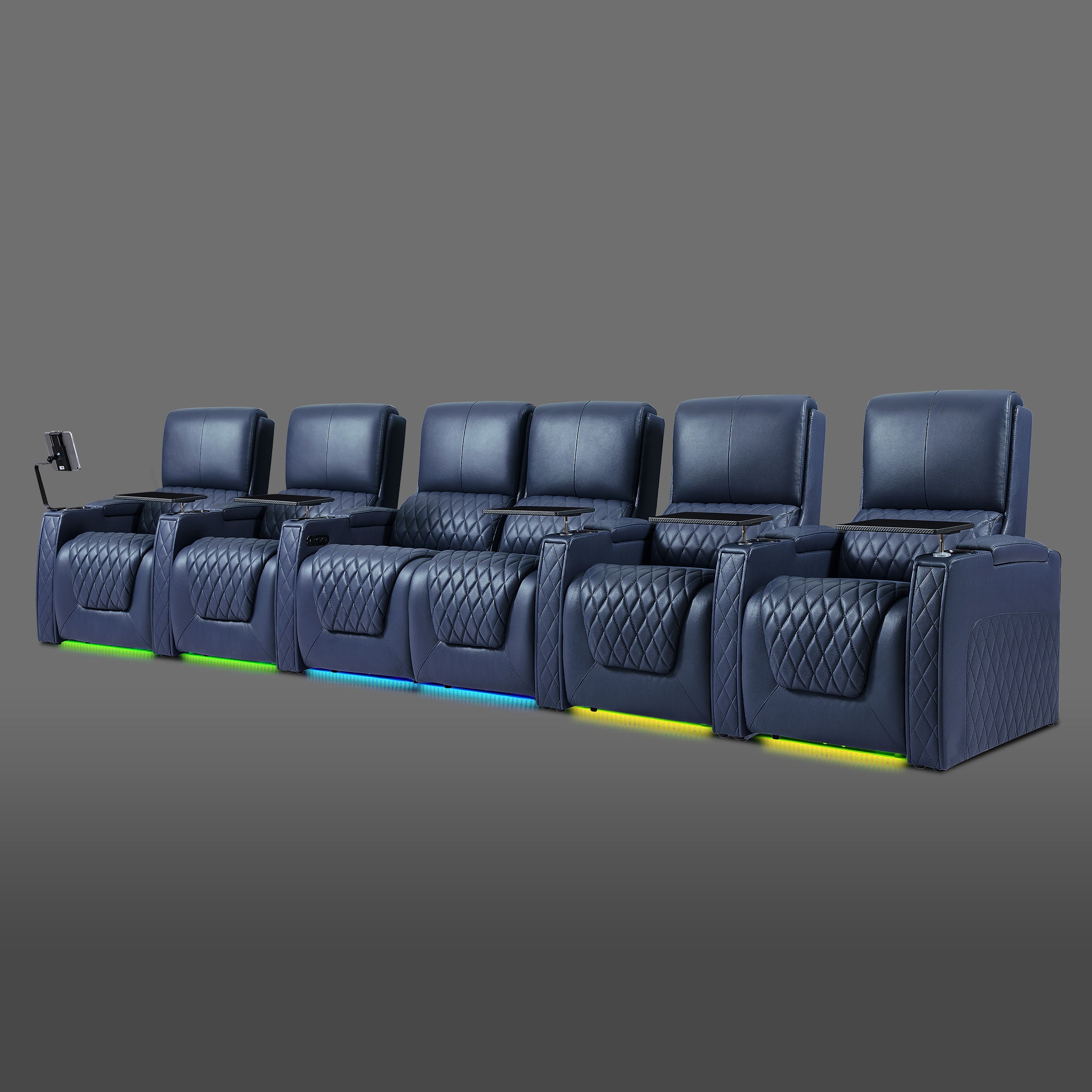 Blue 6 seat power theater seating with two center chairs paired and outer seats independent