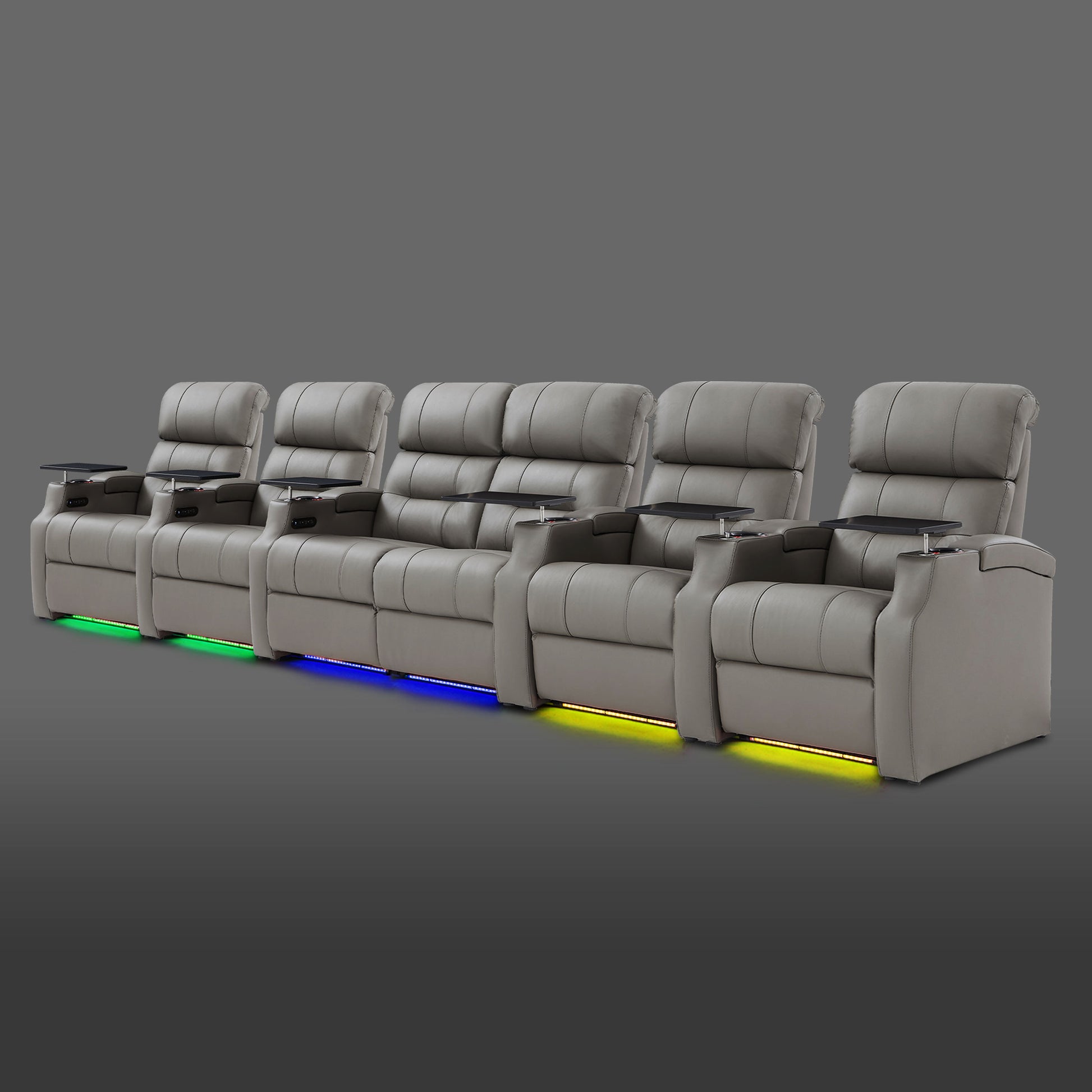 Gray 6 seat home cinema sofa designed with the center seats placed together and single outer recliners