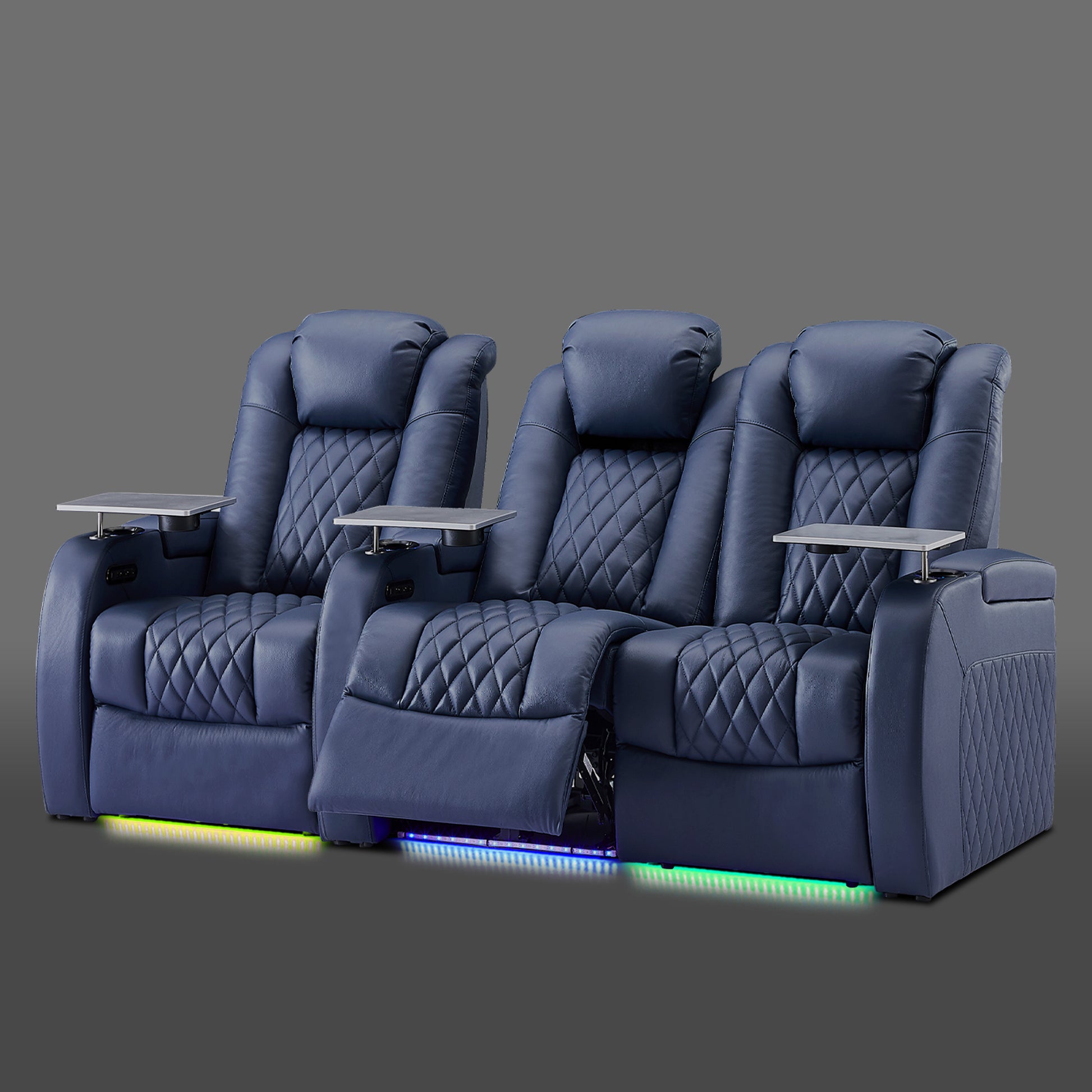 Blue three chair setup with a single chair on the left and a paired section on the right