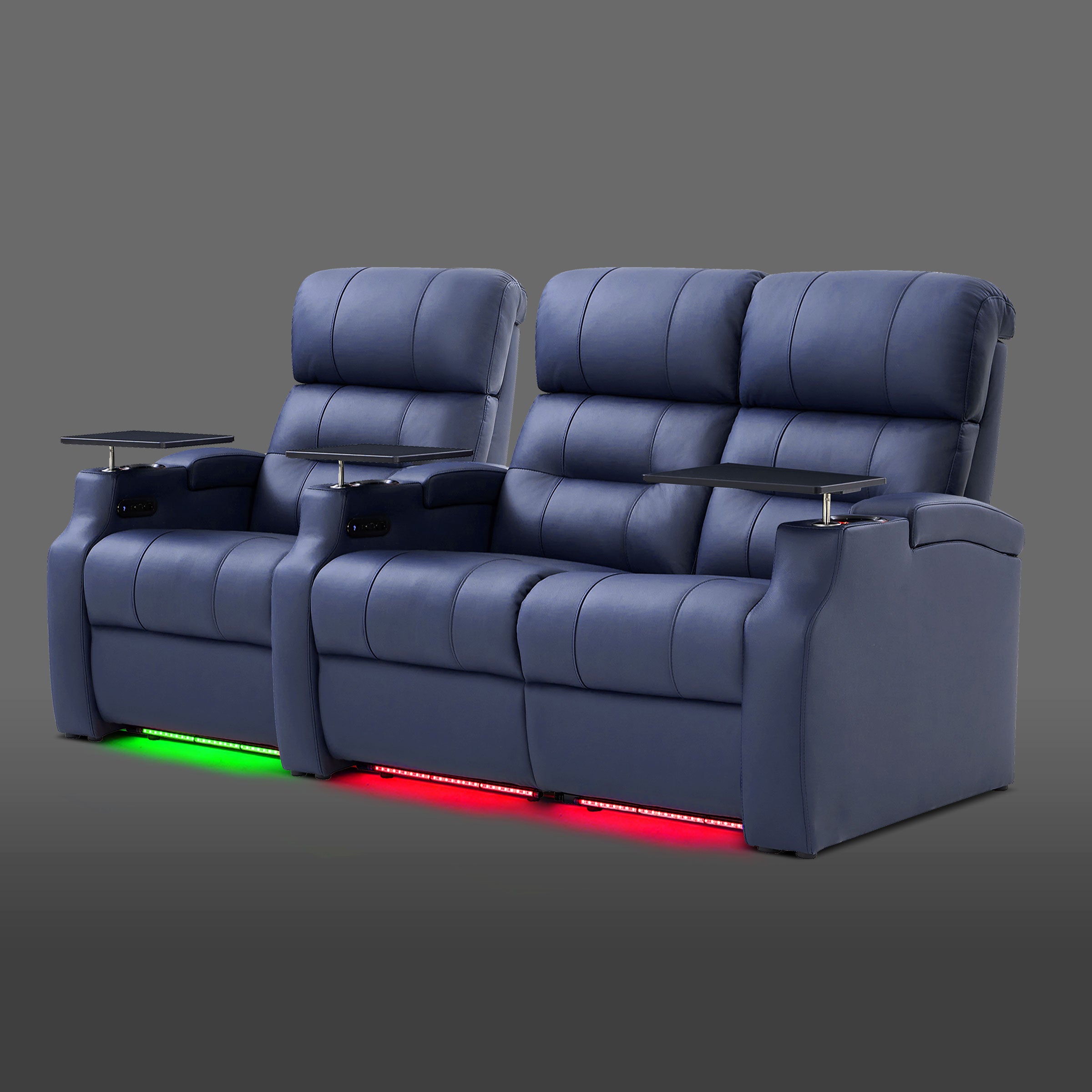 Edgex Series blue three-seat home cinema sofa featuring a right-side dual recliner and one standalone seat on the left