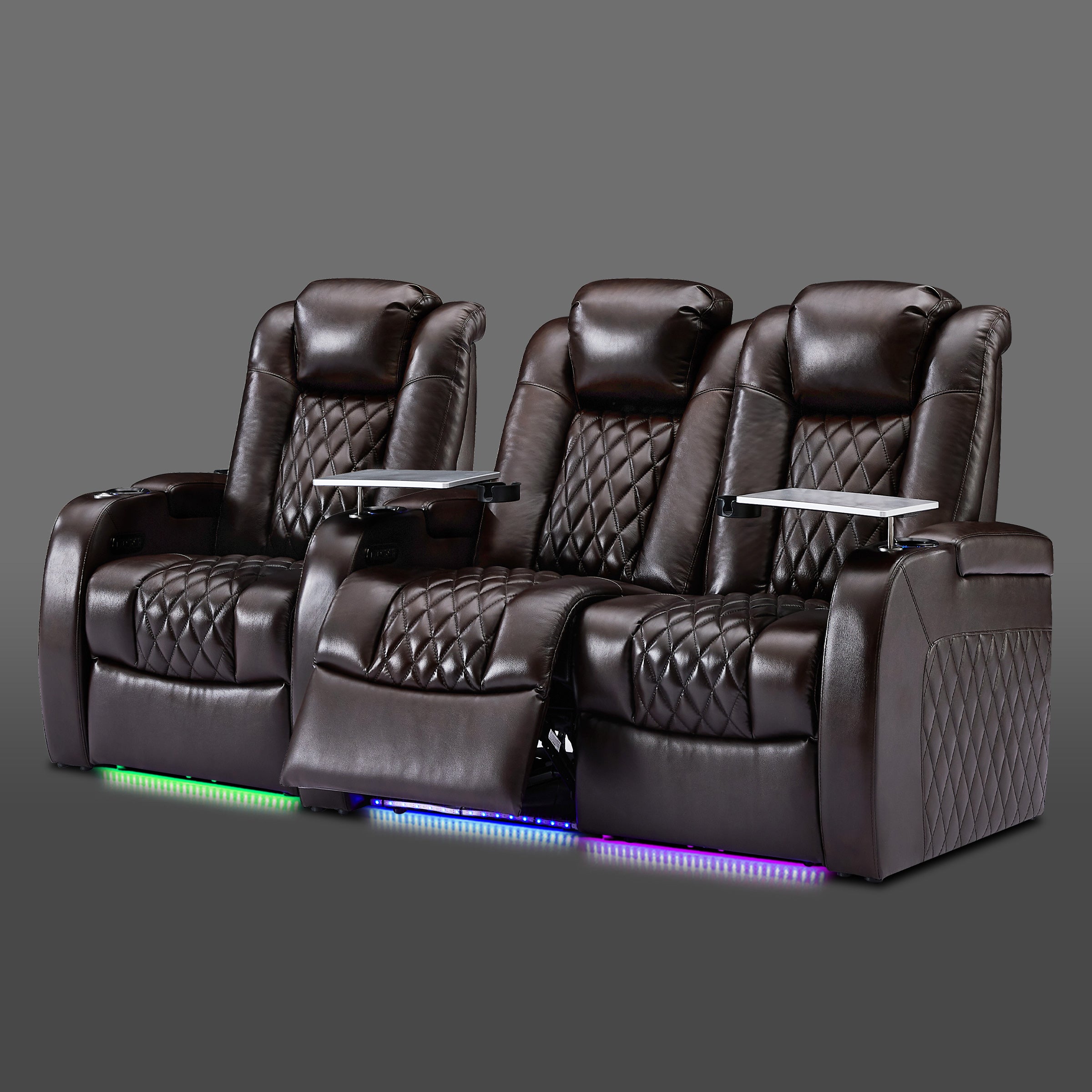 Brown three chair configuration featuring one individual chair and a two chair section on the right