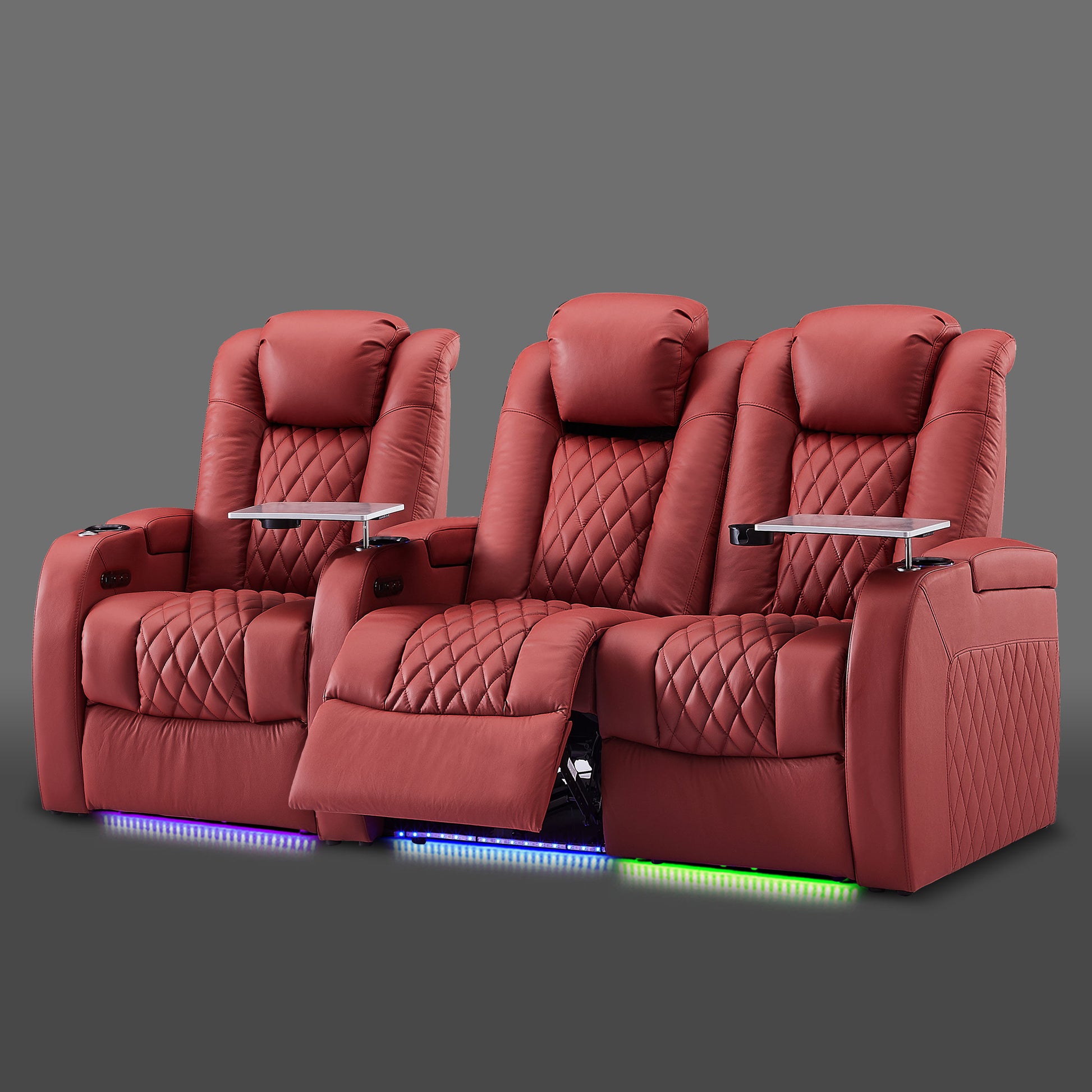 Red three chair seating with one standalone chair followed by a connected pair on the right