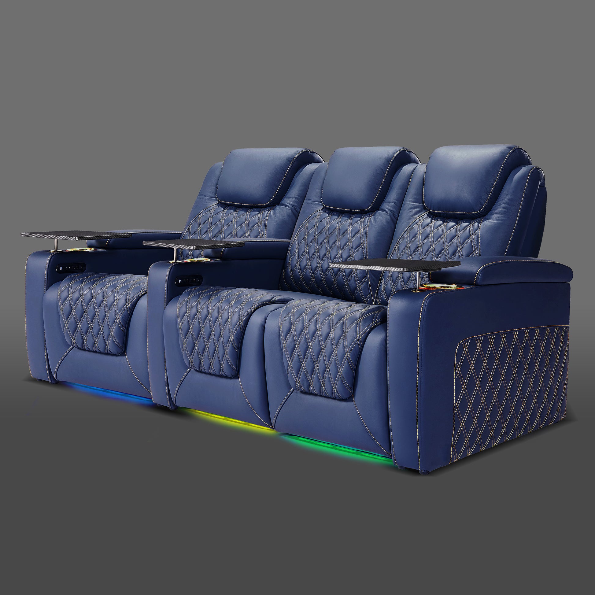 Blue three chair setup featuring a paired section on the right with a separate chair beside it