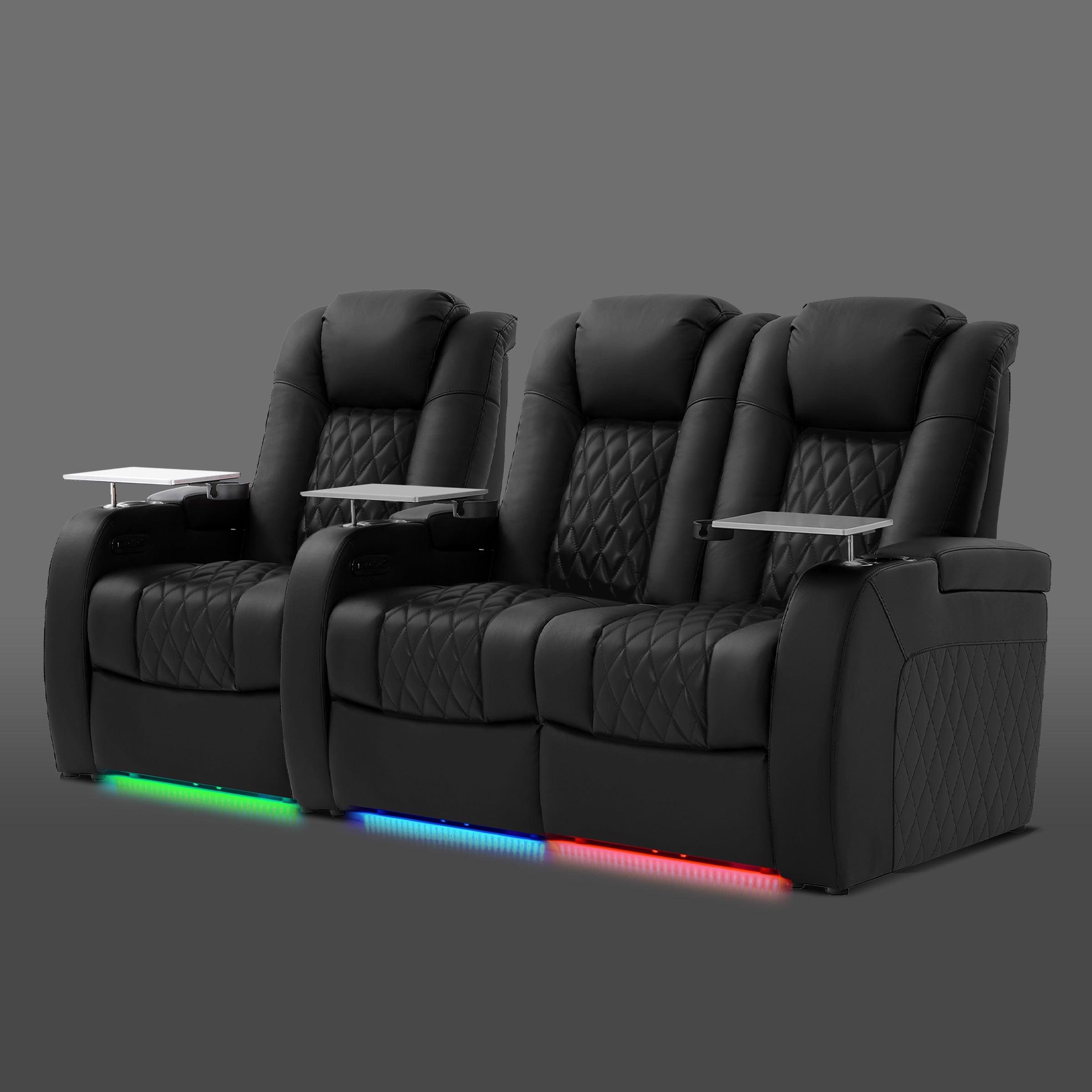 Black three seat seating with one separate chair on the left and two connected chairs on the right