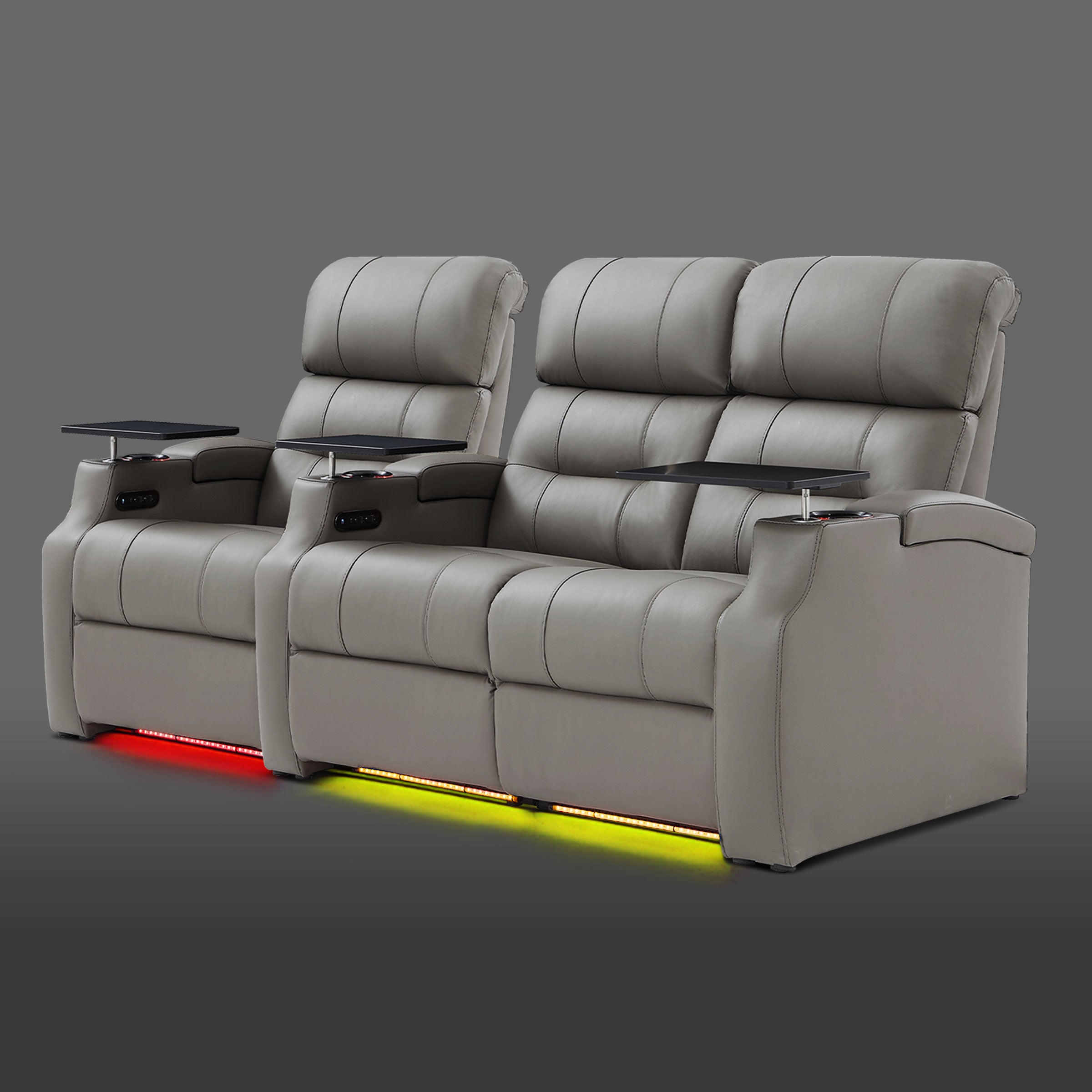 Edgex Series gray three-seat cinema seating featuring a single recliner on the left and a connected two-seat unit on the right