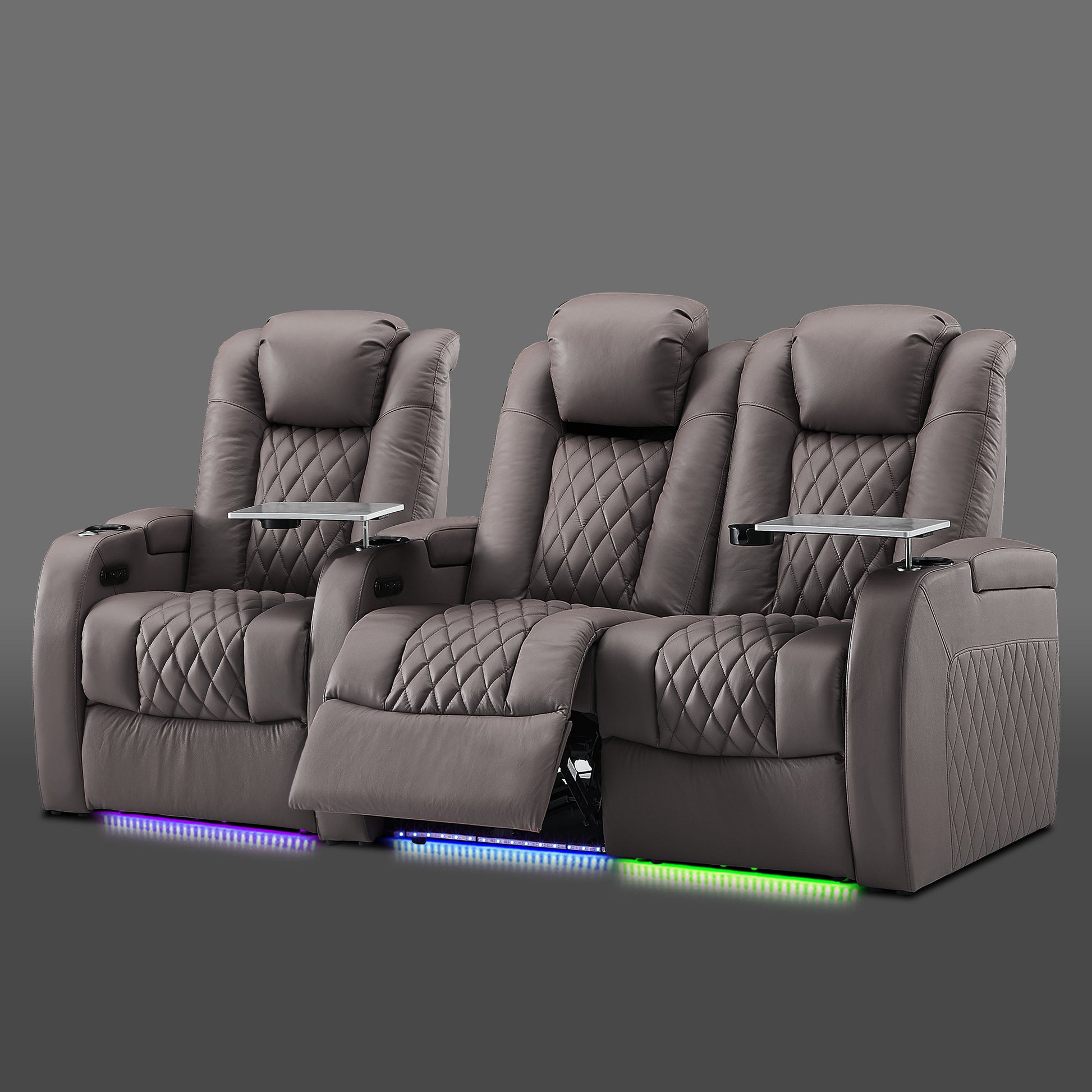 Gray three chair set showing a single seat on the left and two seats joined on the right