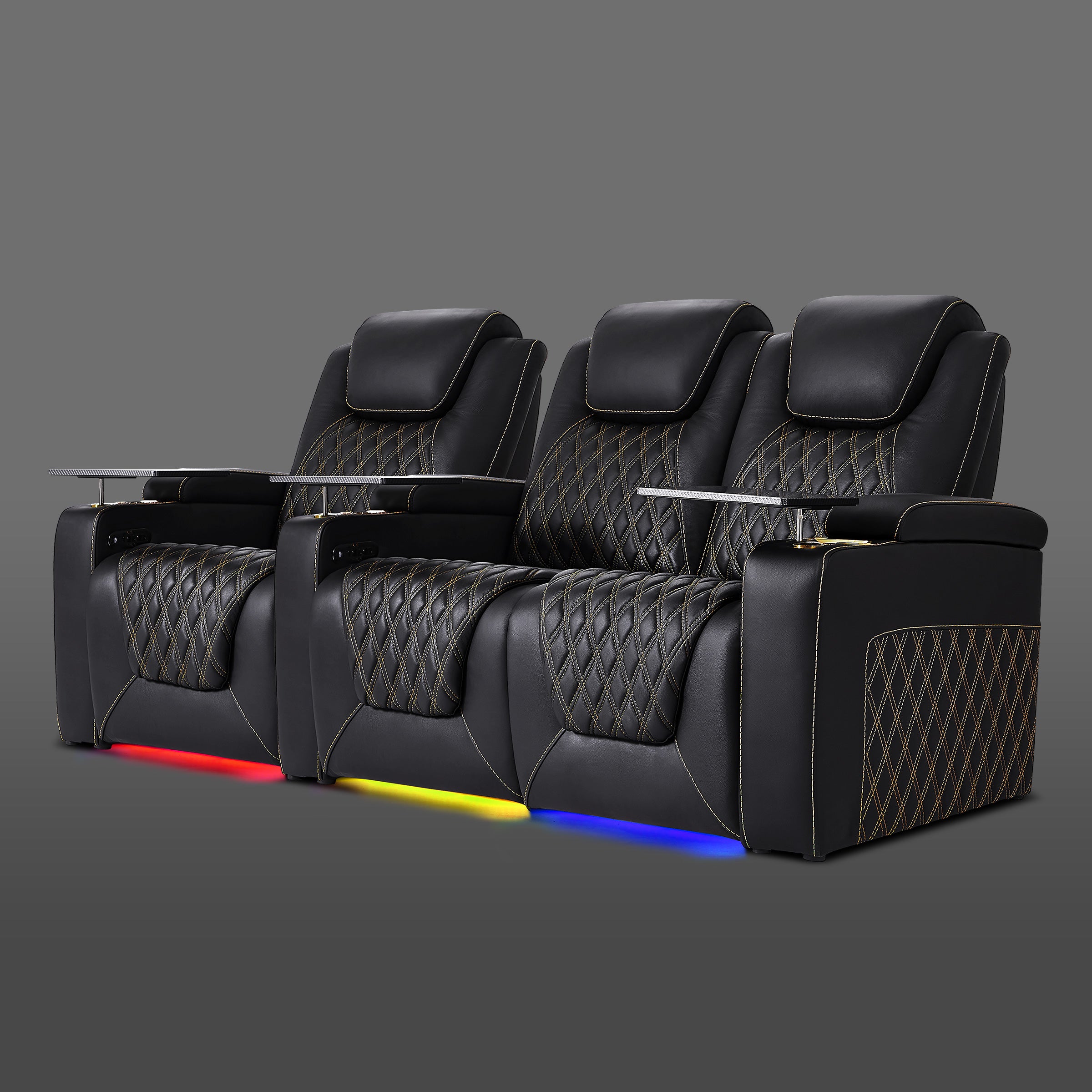 Black three chair row with one chair on the left and a joined pair on the right