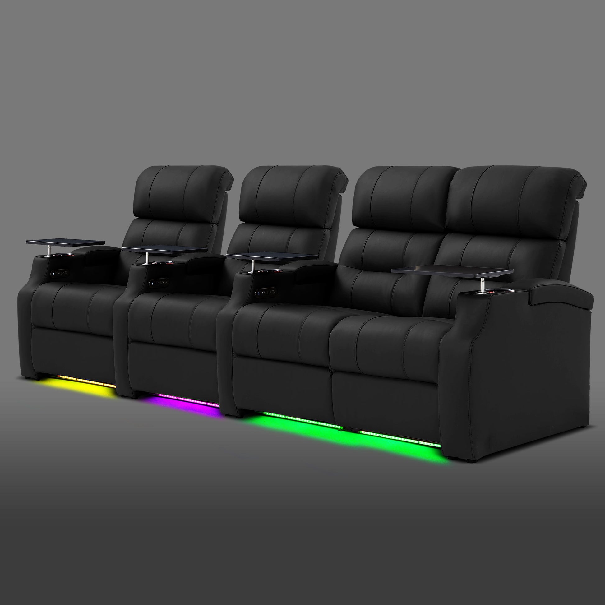 Edgex Series black four-seat home cinema sofa featuring two separate chairs on the left and a paired recliner on the right