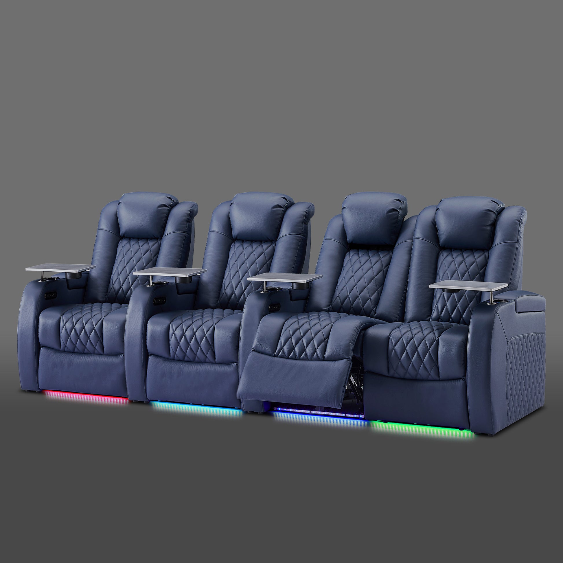 Blue four chair arrangement with a paired section on the right and two individual seats