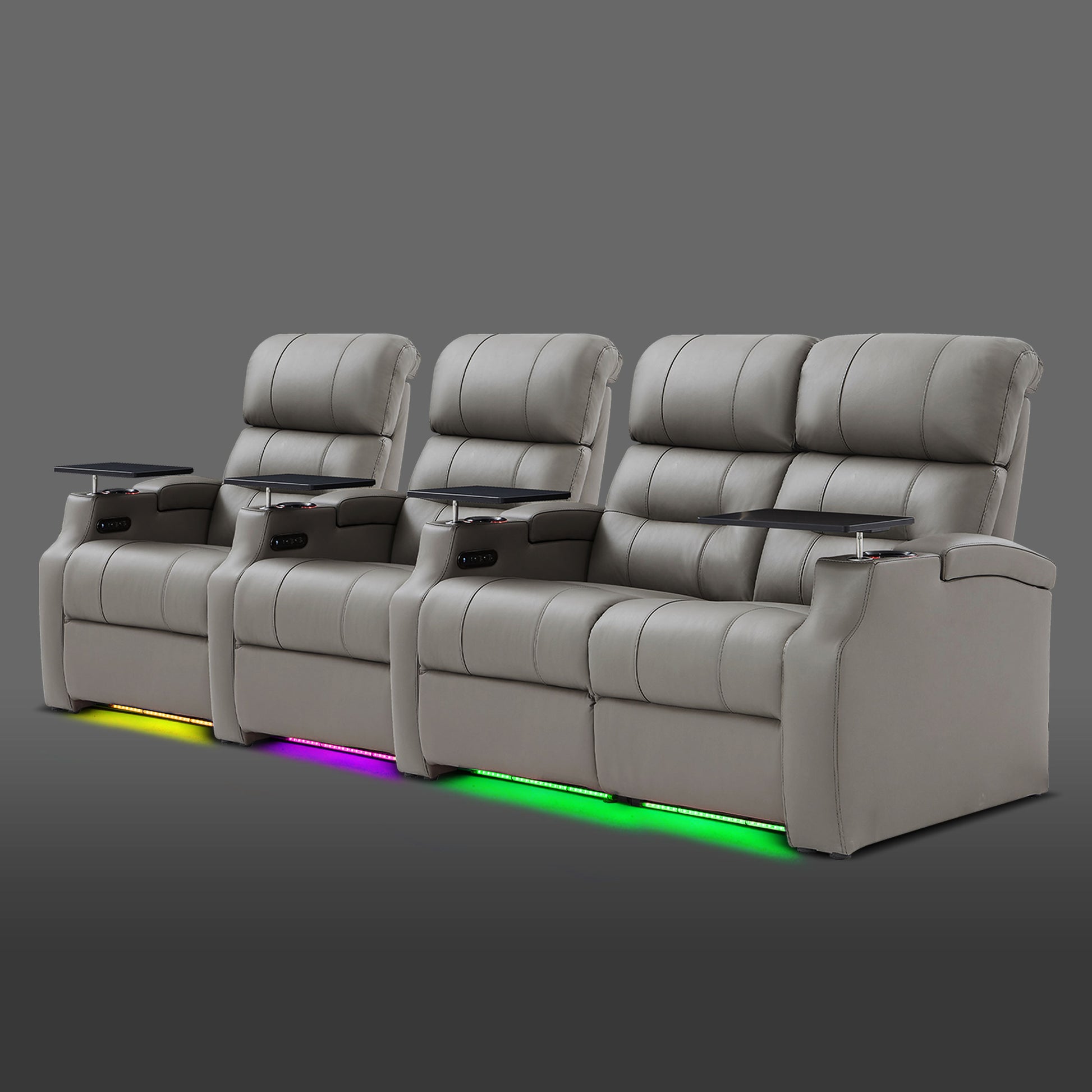 Edgex Series gray four-seat media room sofa featuring two separate recliners on the left and a two-seat combination on the right