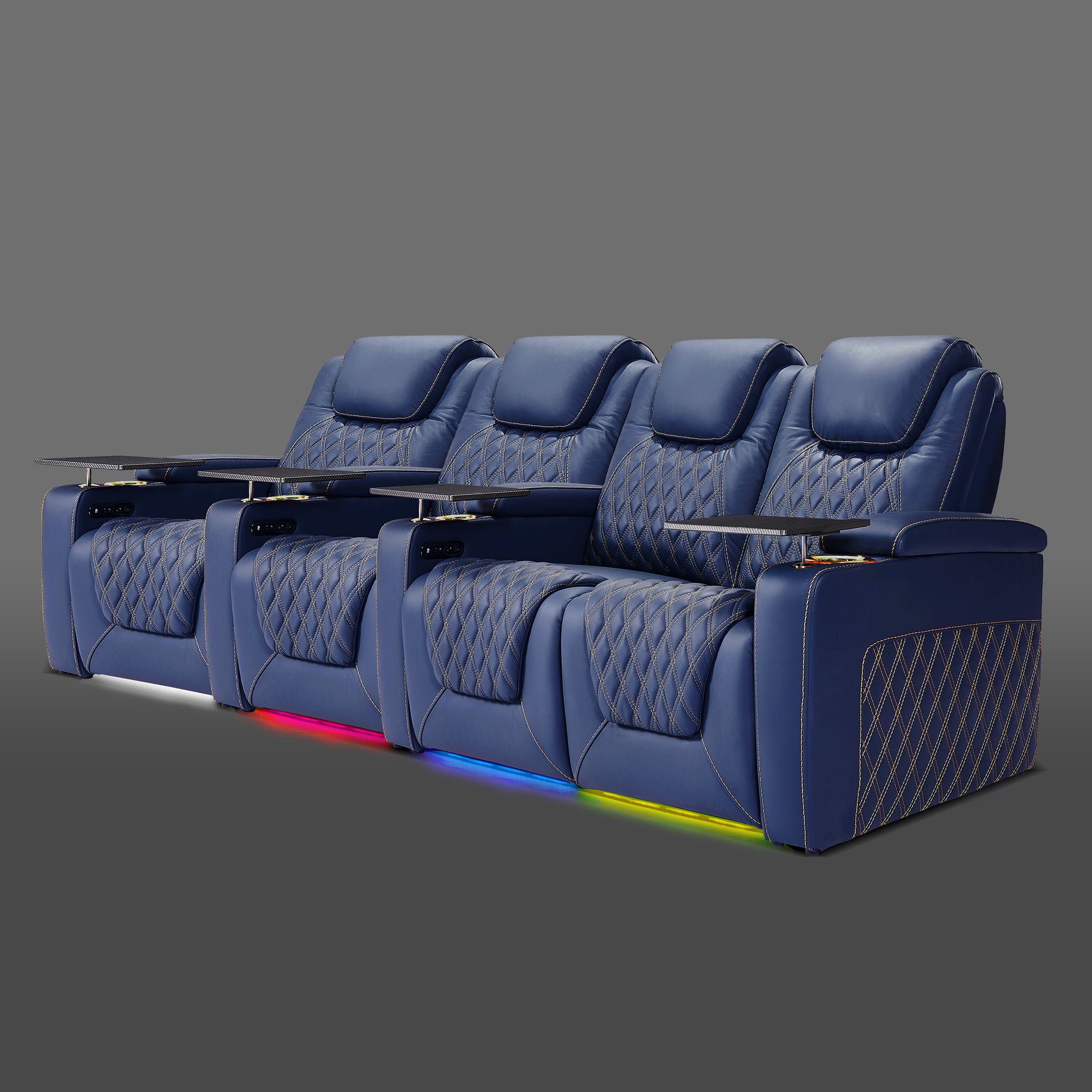 Blue four chair arrangement with two chairs linked on the right and two placed individually