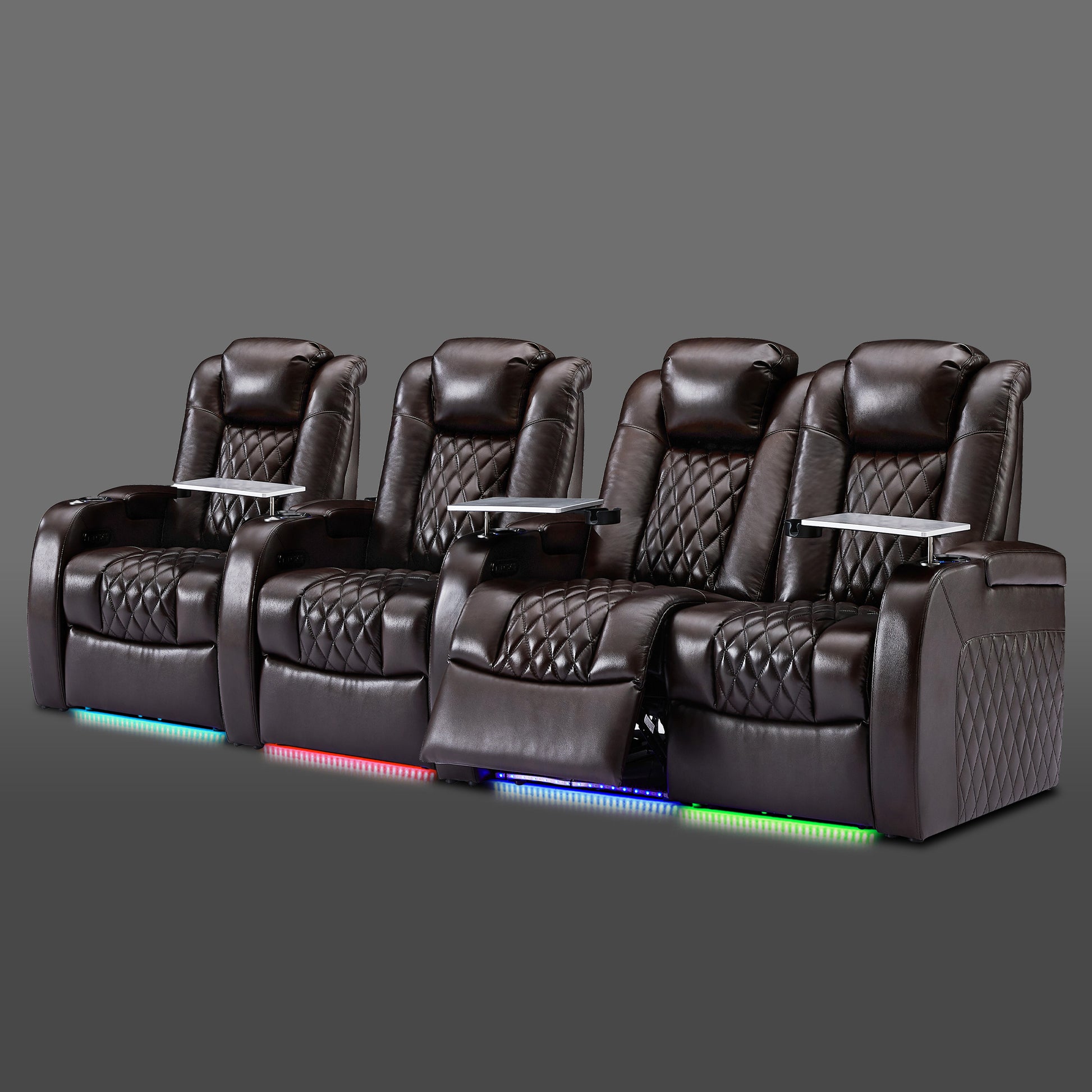 Brown four chair setup with two chairs grouped on the right and two standing alone