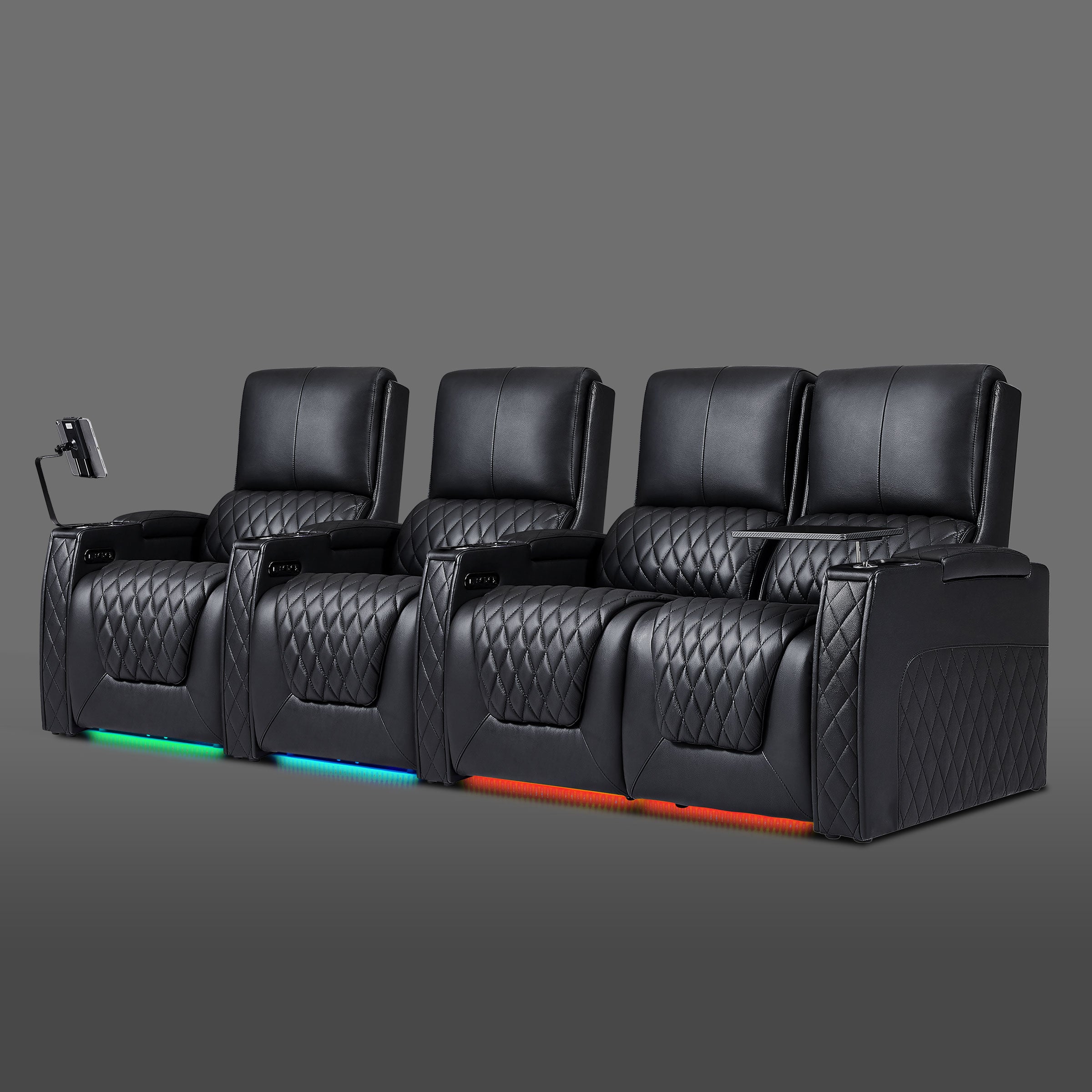 Axys series black 4-seat cinema seating configuration with right double recliners and two separate seats on the left