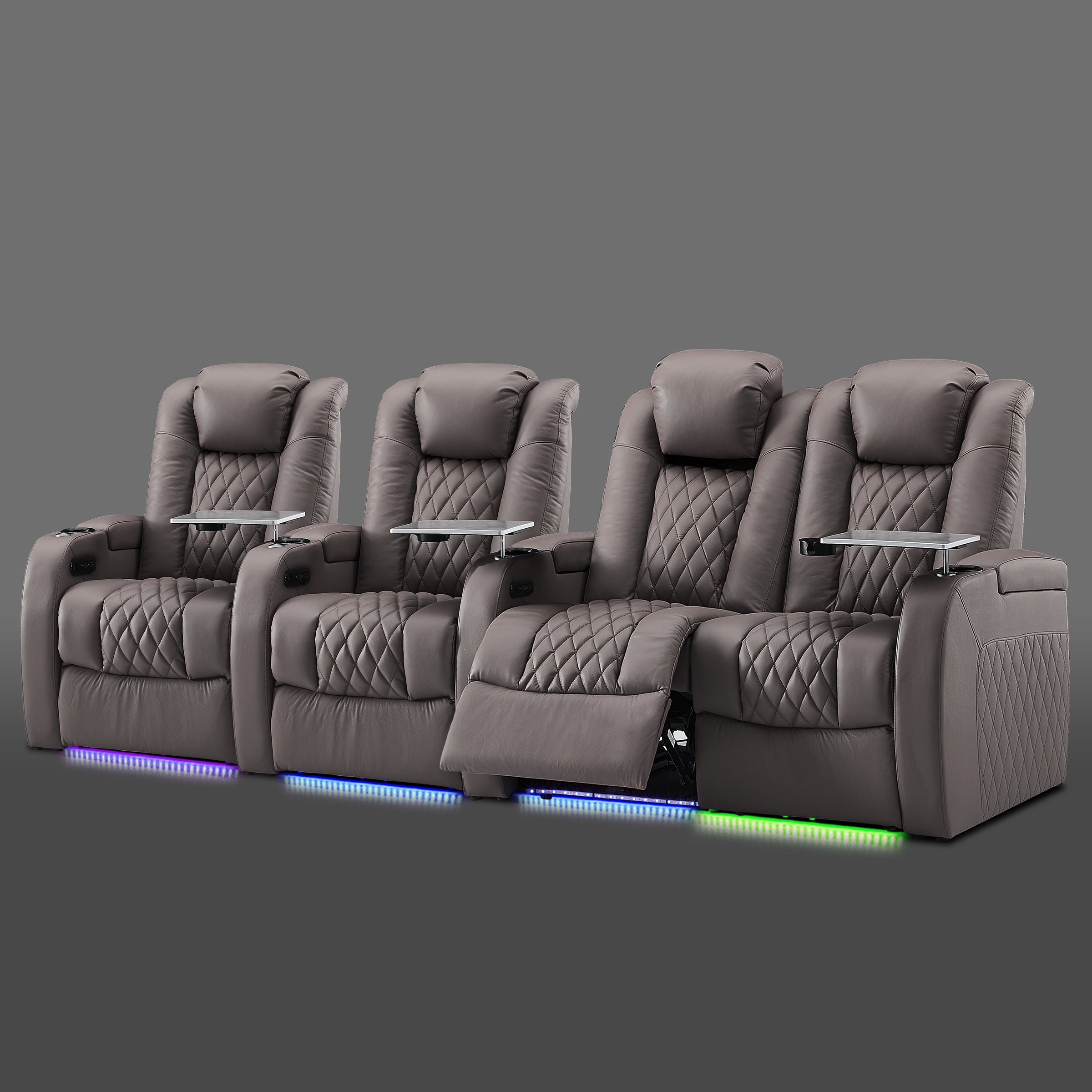 Gray four chair row with a joined pair on the right and two individual seats