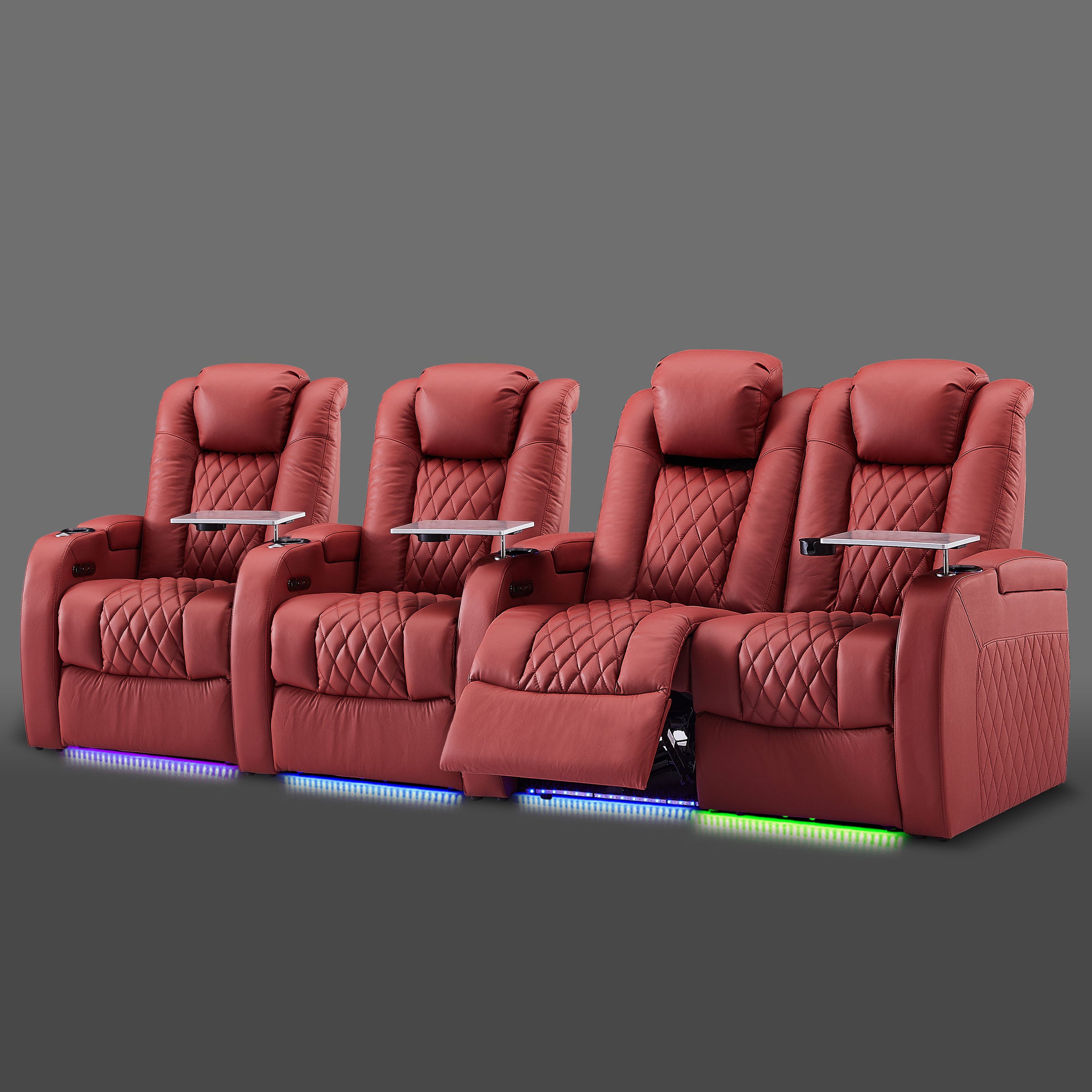 Red four chair seating with a paired section at the right side and two individual chairs