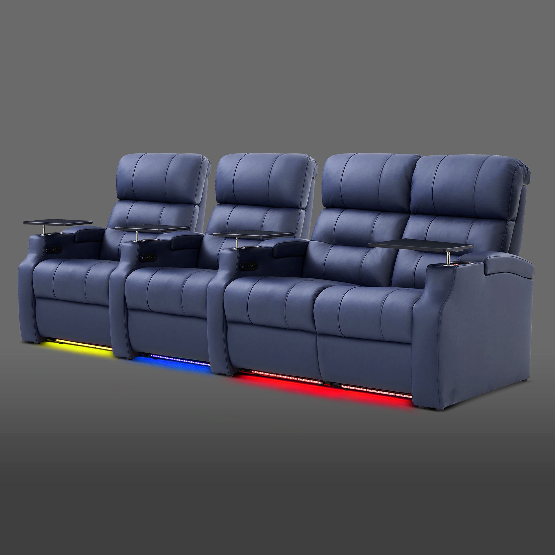 Edgex Series blue four-seat media room seating with two independent seats on the left and a dual-seat section on the right