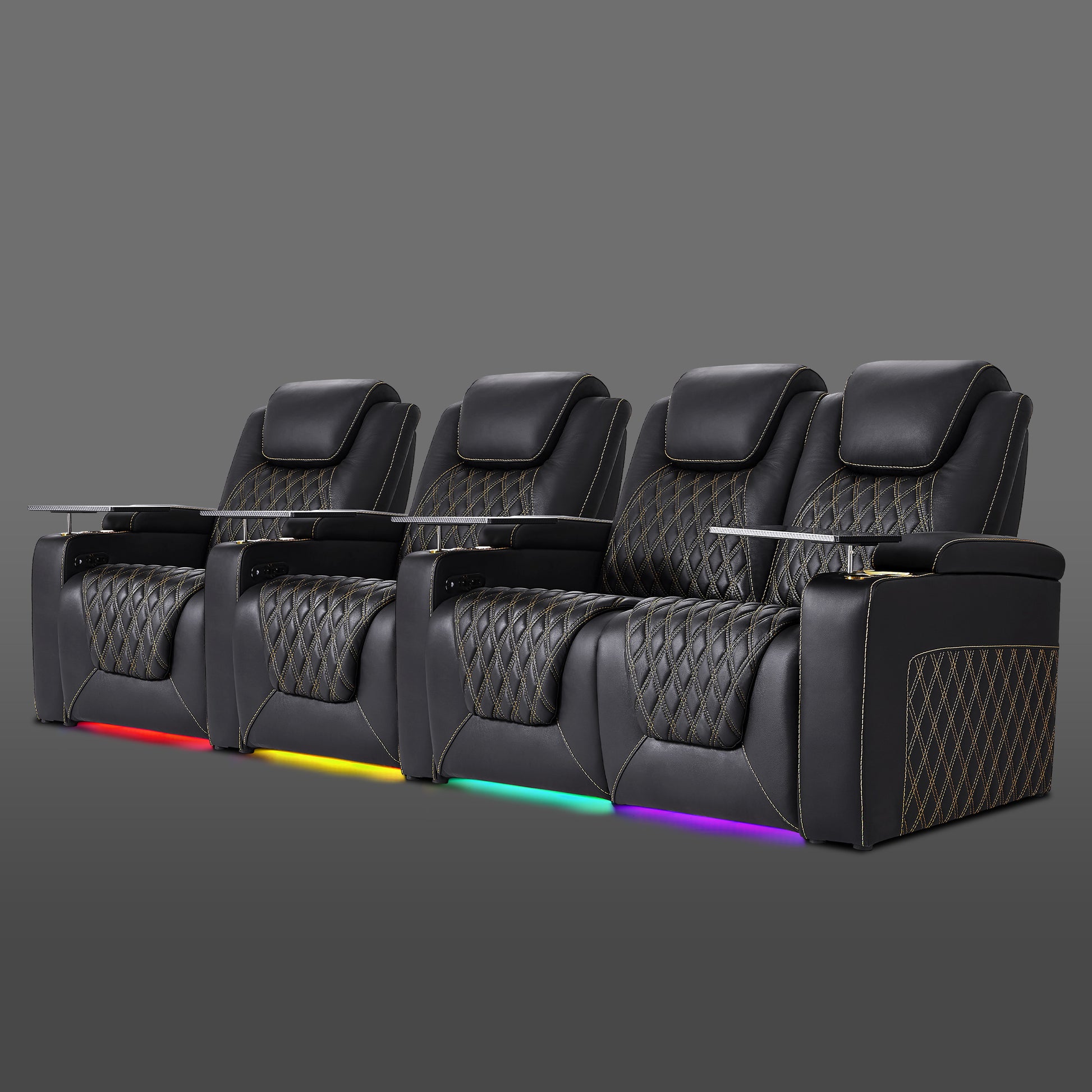 Black four chair row with the right two chairs grouped together and the remaining chairs separate